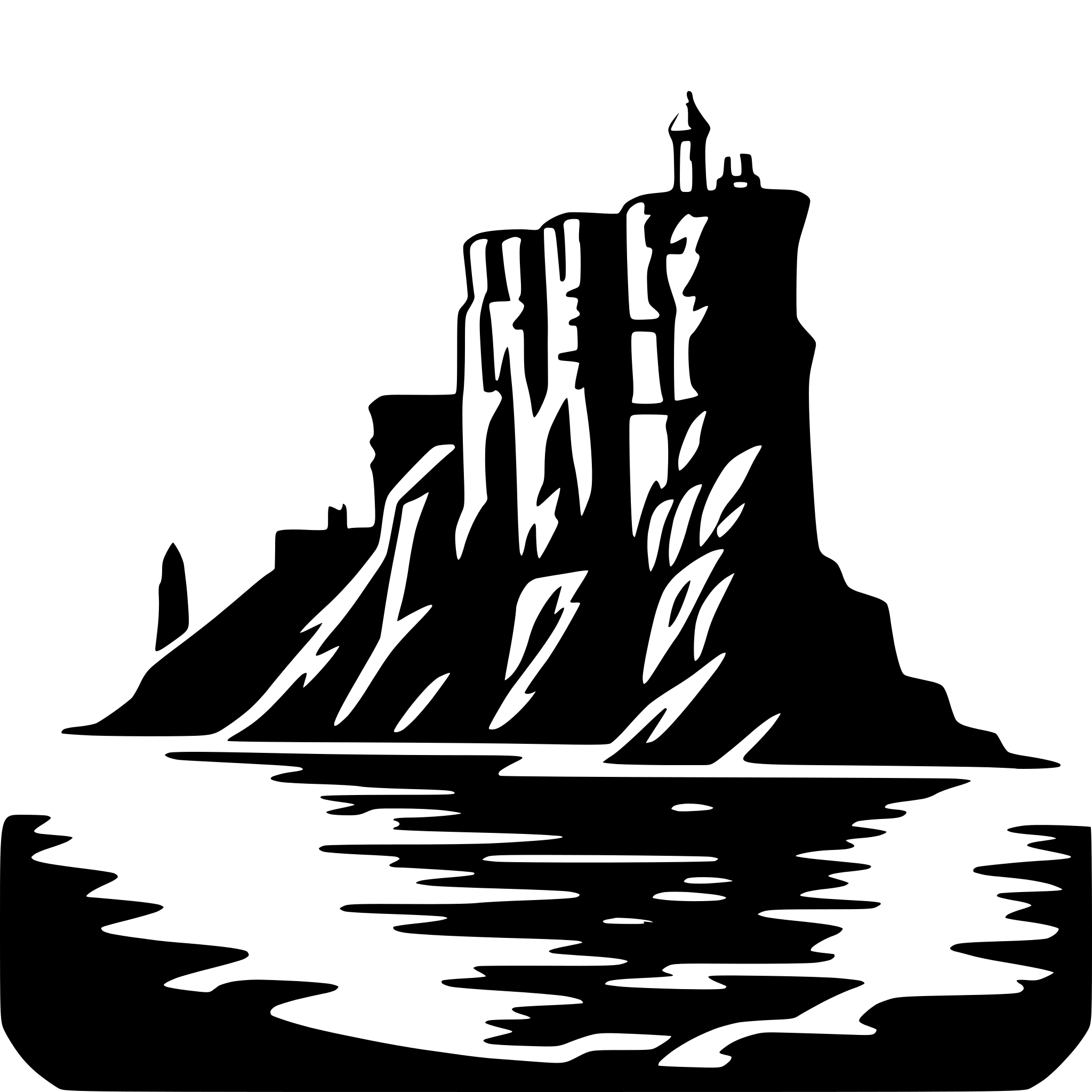 The SVG depicts a stylized, silhouetted landscape. The main objects are a large, jagged cliff or mountain on the right side, and a body of water on the left. The cliff has a series of vertical lines that suggest rocky surfaces, and there are two small, pointed structures at the top, which could be interpreted as buildings or towers. The water is represented with horizontal lines that mimic the appearance of ripples or waves. The overall style is minimalistic and uses negative space to create the impression of the landscape. 