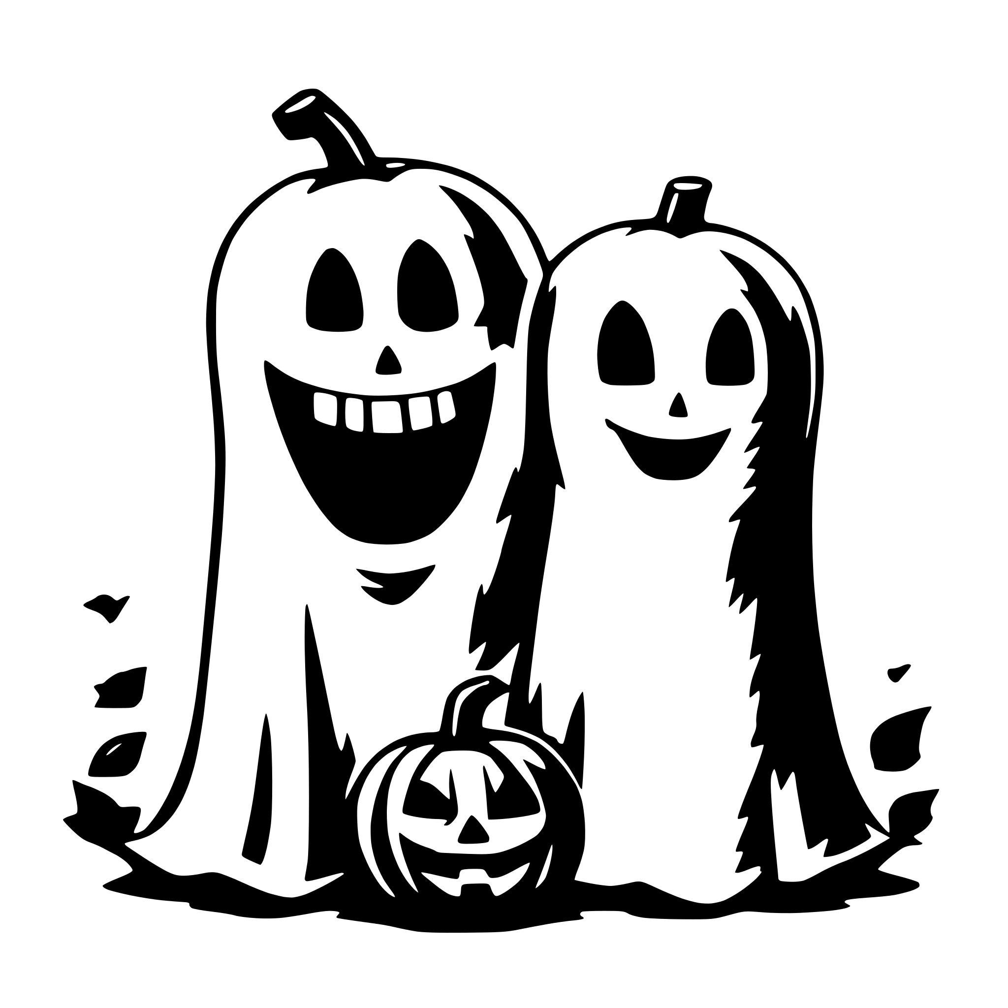 AI-generated SVG of a two ghosts  with a pumpkin face hugging each other