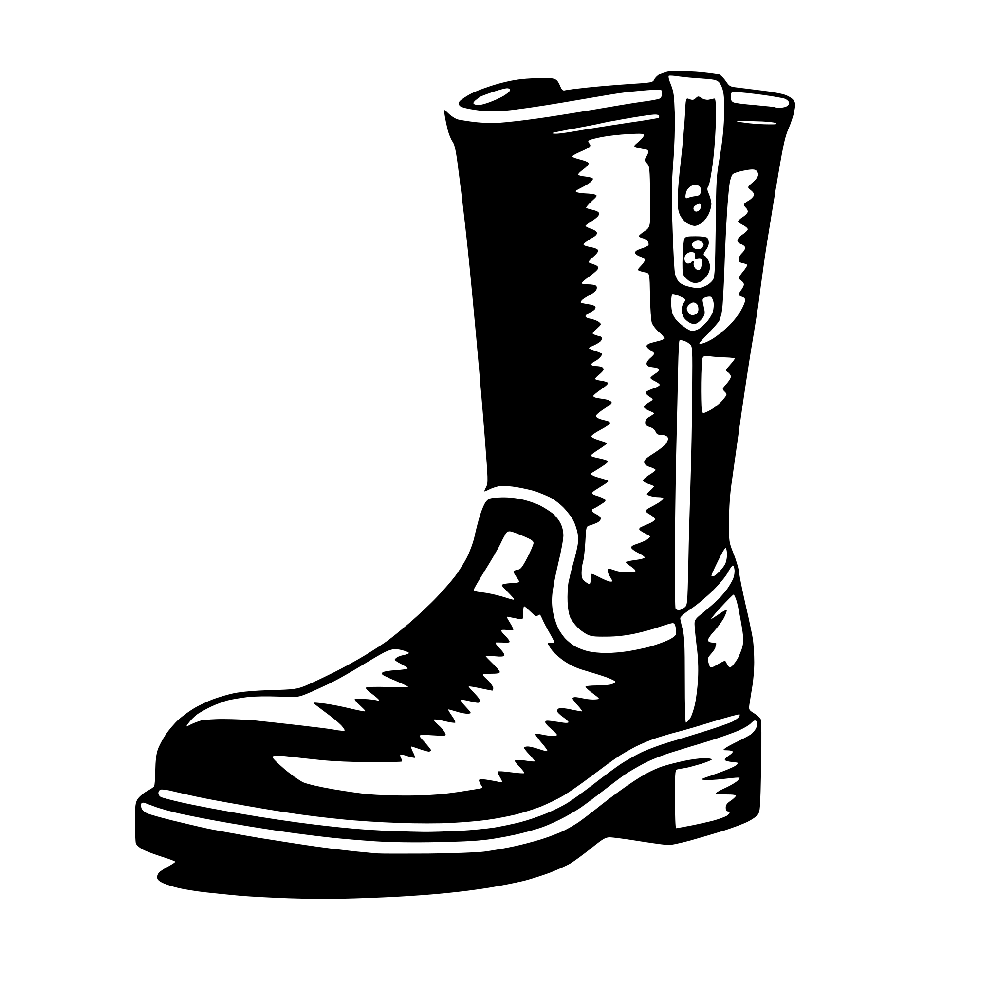 The SVG shows a single black boot with a glossy finish. The boot is depicted in a side view, with the toe pointing to the right and the heel to the left. The boot features a visible lace-up closure with a metal eyelet and a metal buckle. The sole of the boot appears to be flat and smooth, and the upper part of the boot has a slight curve, suggesting a snug fit around the ankle. The SVG is a simple, clean line drawing with no additional text or elements. 