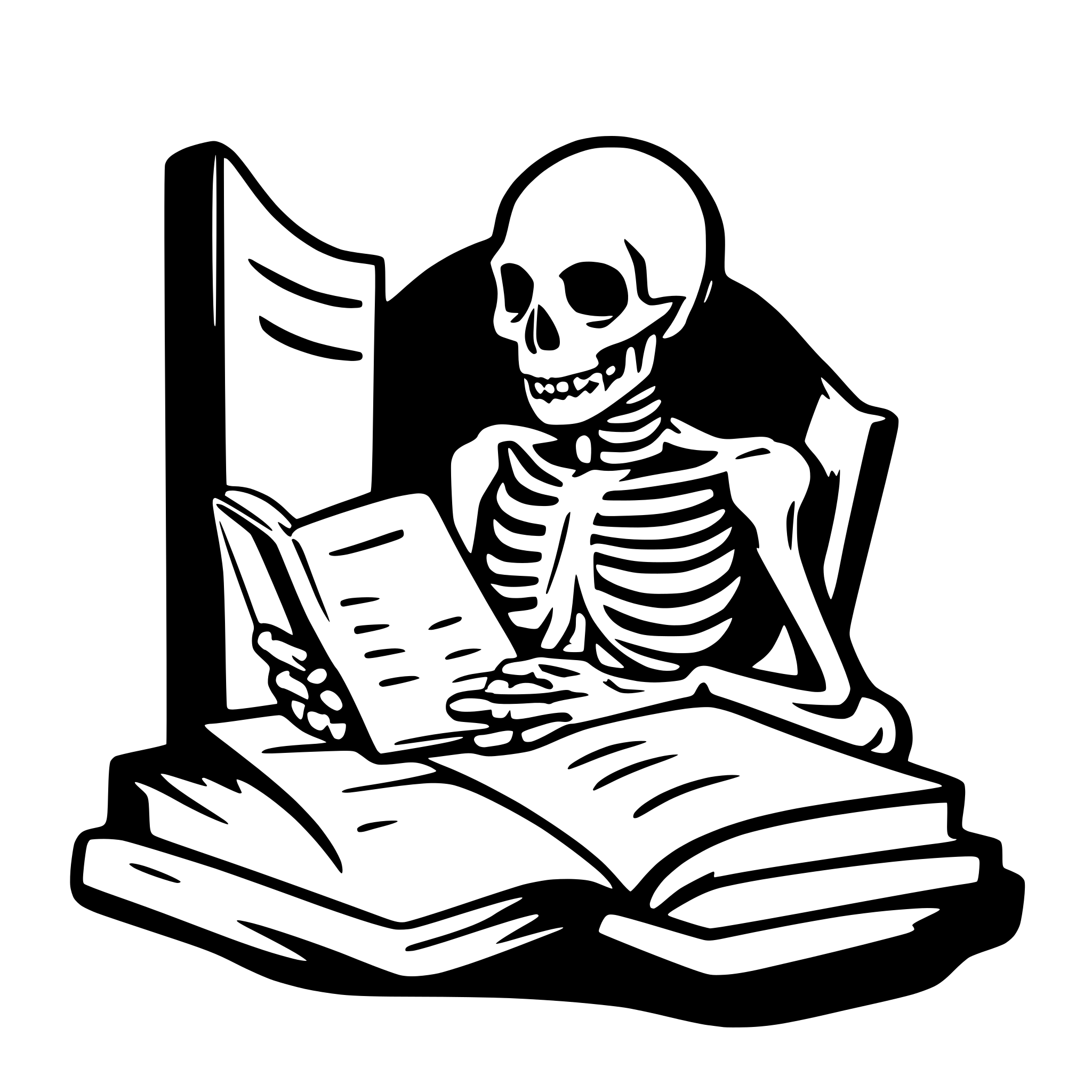 AI-generated SVG of a a skeleton on a cemetery reading a big book