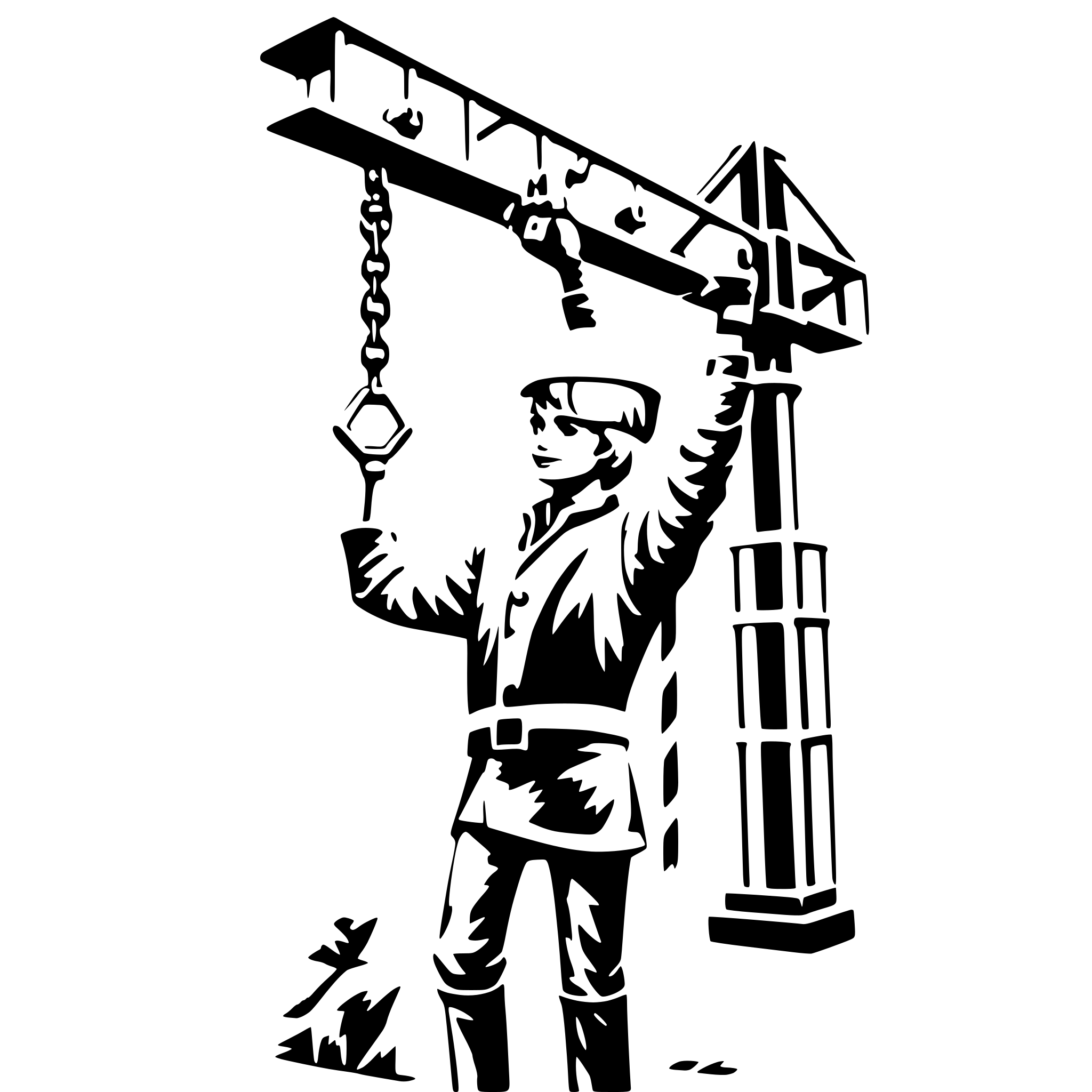 AI-generated SVG of a a foreman is waving a crane operator towards him.  The foreman's back is to us.  The crane is lifting a steel girder
