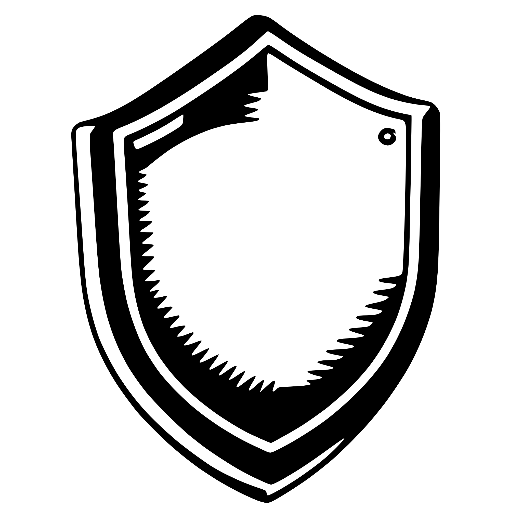 The SVG displays a stylized shield graphic. The shield is outlined with a thick black line and has a central, rounded, and slightly elongated shape. The interior of the shield is white, and there is a small, black, triangular shape at the top center, which could be interpreted as a small emblem or detail. The shield is set against a plain white background. The overall design is simple and uses minimal detail to convey the shape of a shield. 