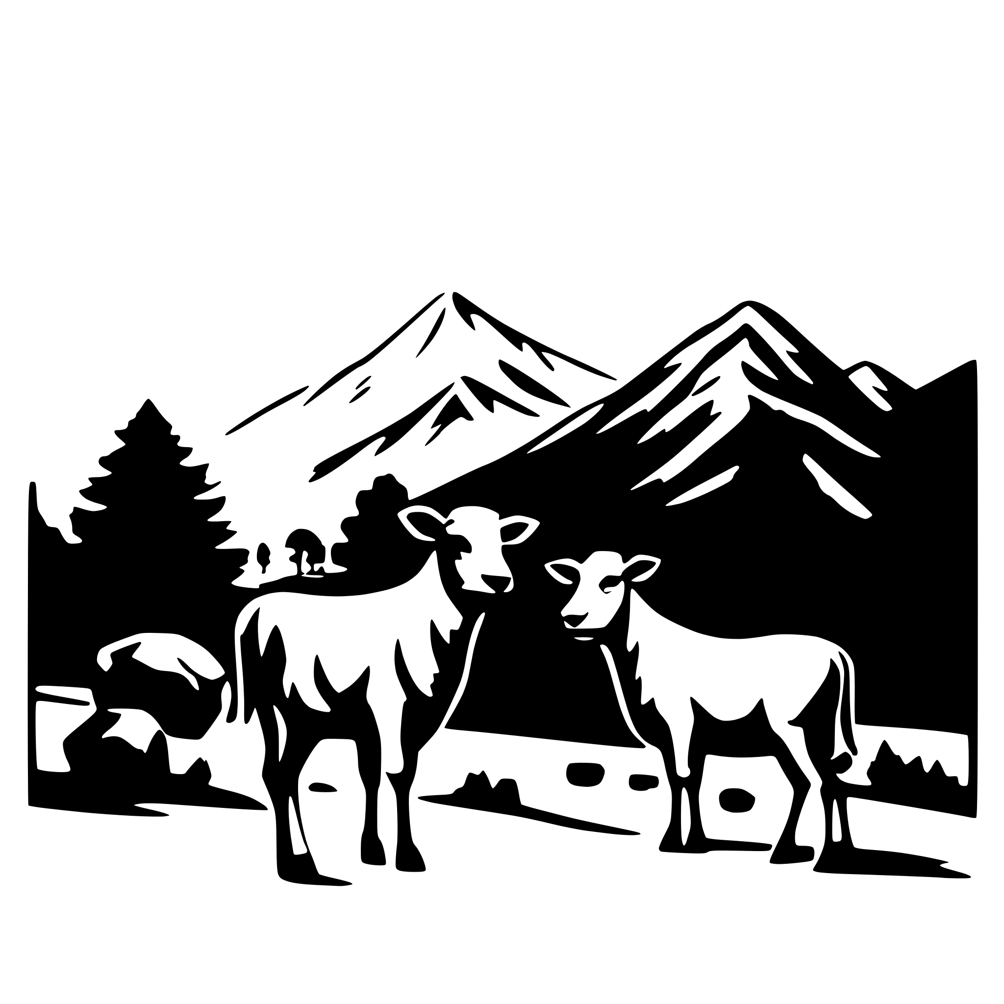 AI-generated SVG of a oneline pine, mountain, cow, sheep,