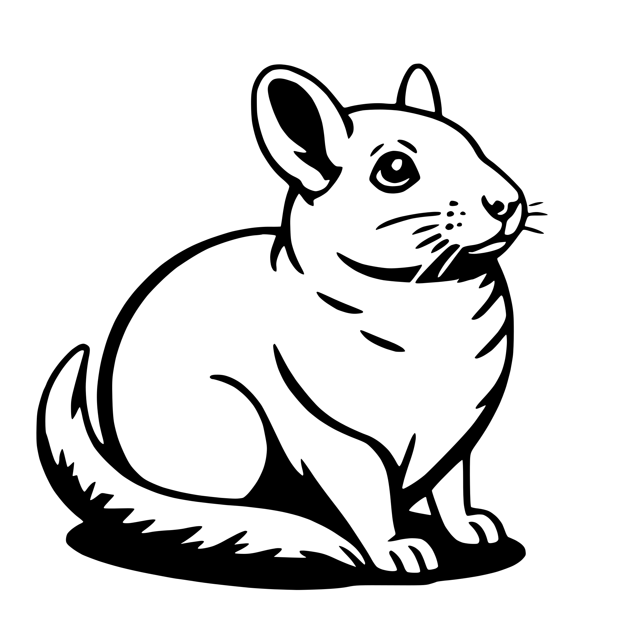The SVG depicts a stylized, cartoon-like depiction of a mouse. The mouse is sitting upright with its front paws extended forward and its tail curled around its body. It has large, round eyes and a small, pointed nose. The mouse's ears are perked up, and its whiskers are visible. The SVG is simple and uses solid lines and shapes to define the mouse's features. There is no interaction between objects as the mouse is the sole subject in the SVG. 