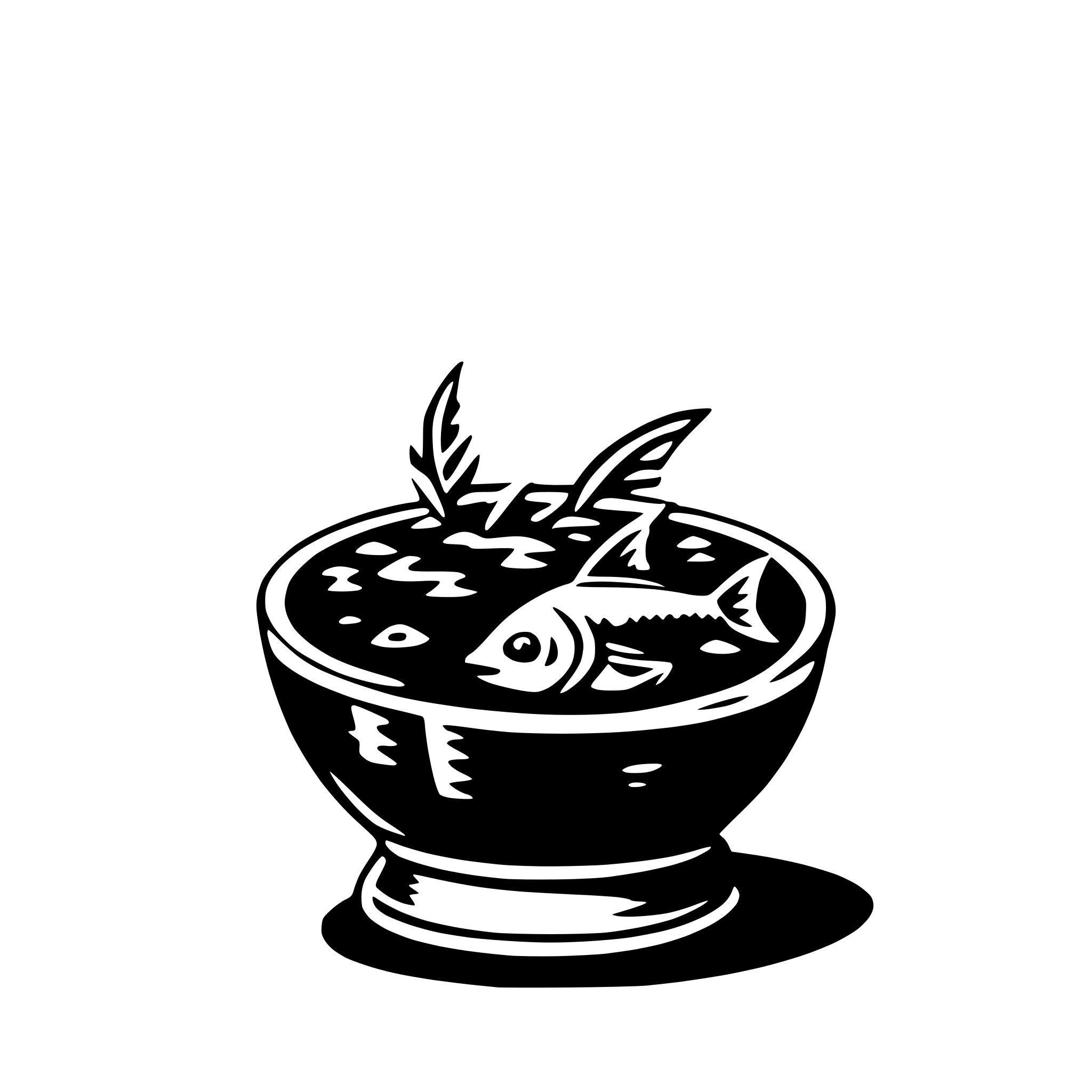 The SVG depicts a stylized illustration of a bowl of soup with two fish. The bowl is placed on a surface, and the soup appears to be a light color, possibly cream or broth. The fish are rendered in a simplified manner, with their bodies and fins depicted in a way that suggests movement. The fish are positioned as if they are swimming within the bowl, and their tails are visible, adding to the dynamic feel of the illustration. The overall style is reminiscent of a classic, hand-drawn line drawing, with a limited color palette that emphasizes the shapes and textures of the objects. 