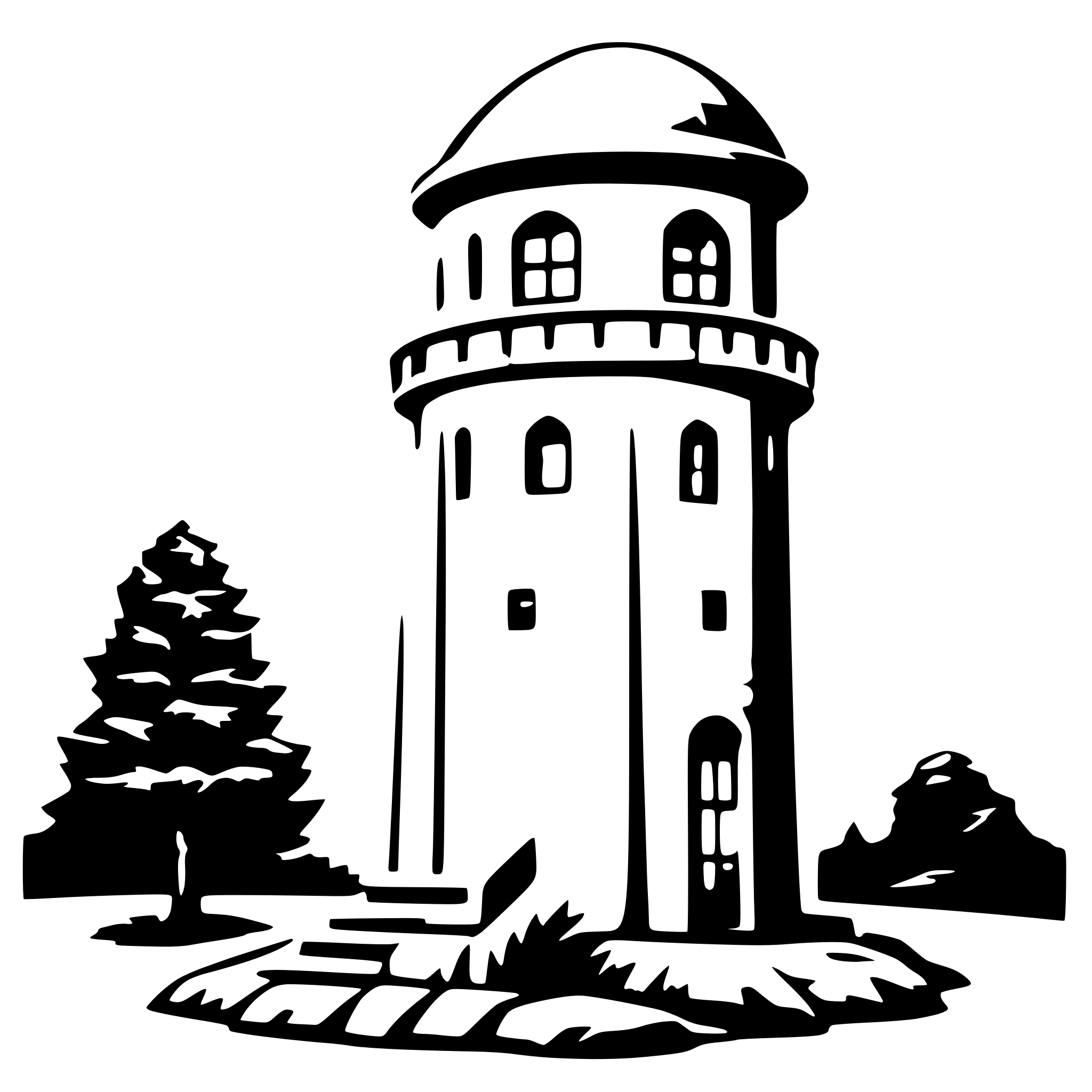 AI-generated SVG of 'stone watch tower with a police shield in the middle. 2d, just the outline of both the tower and the shield.'