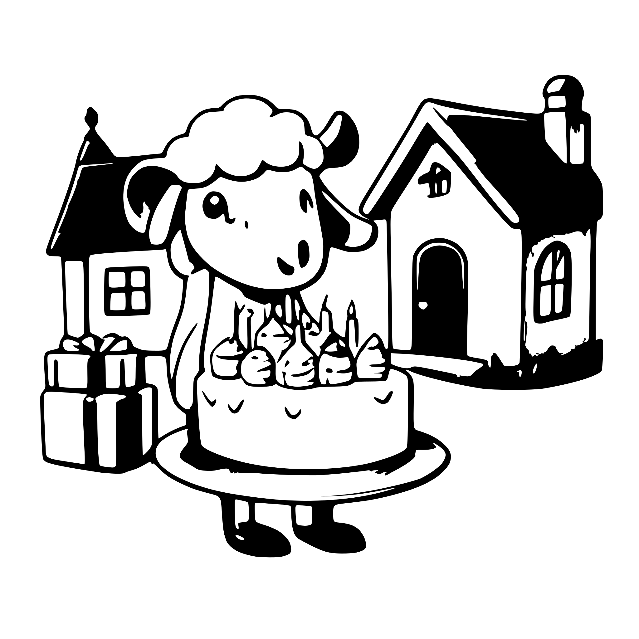 AI-generated SVG of a a cute sheep celebrating holding a birthday cake in front of a small house
