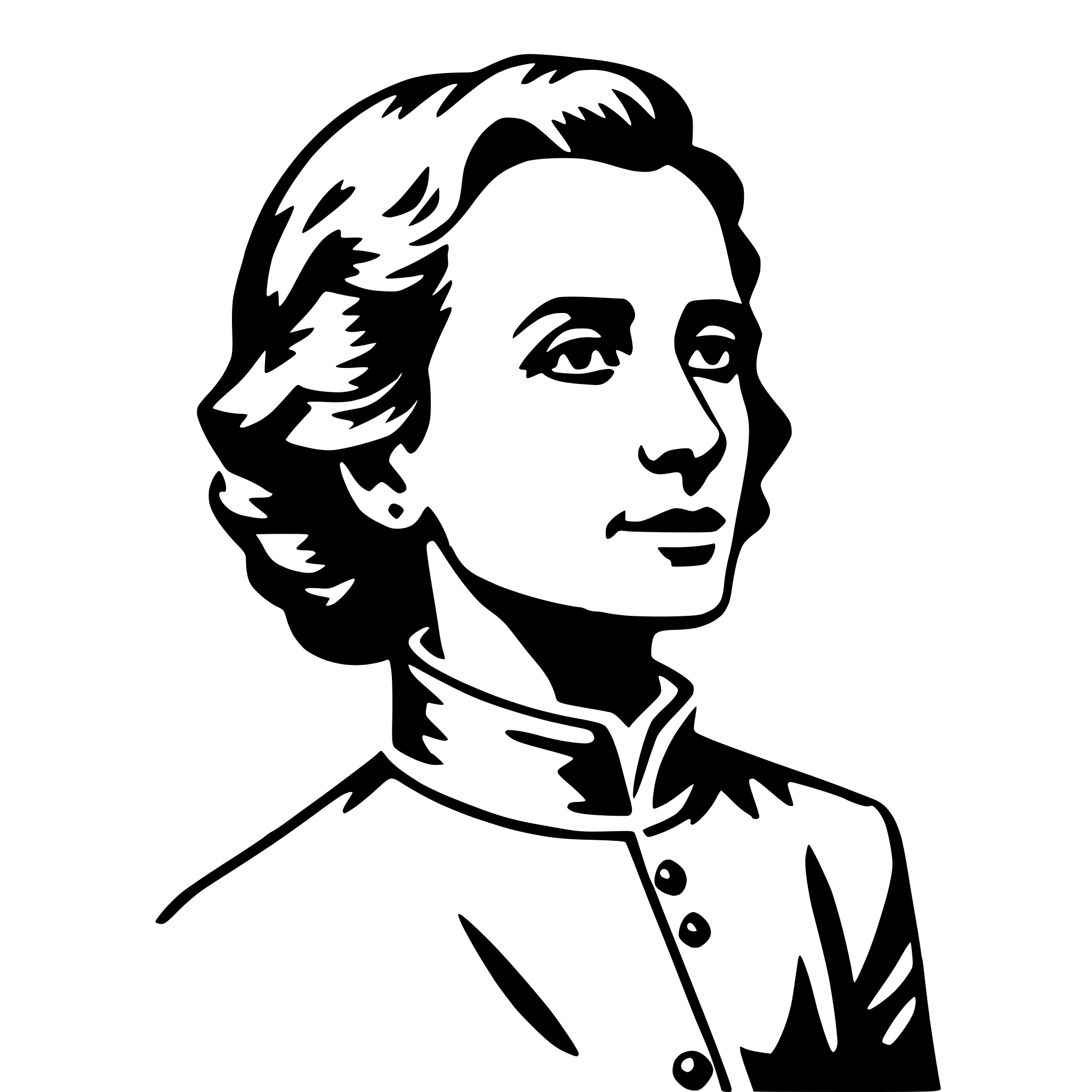 The SVG depicts a stylized black and white line drawing of a person's profile. The individual appears to be a woman with short hair, wearing what seems to be a collared shirt with a high neckline. The face is depicted with a neutral expression, and the hair is styled in a way that suggests it is parted in the middle. The SVG is simple and does not contain any additional objects or interactions. 
