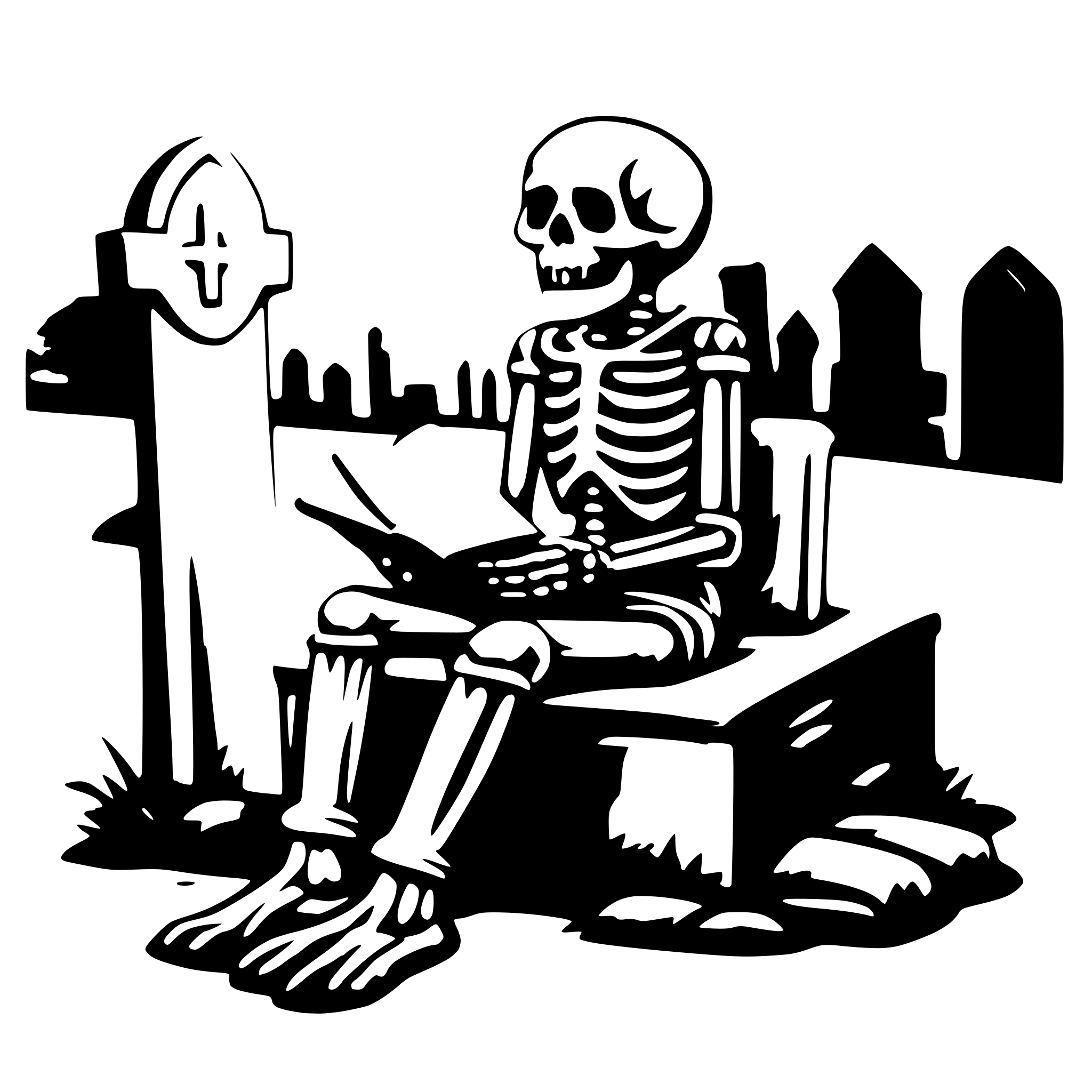 AI-generated SVG of a a reading skeleton on a cemetery