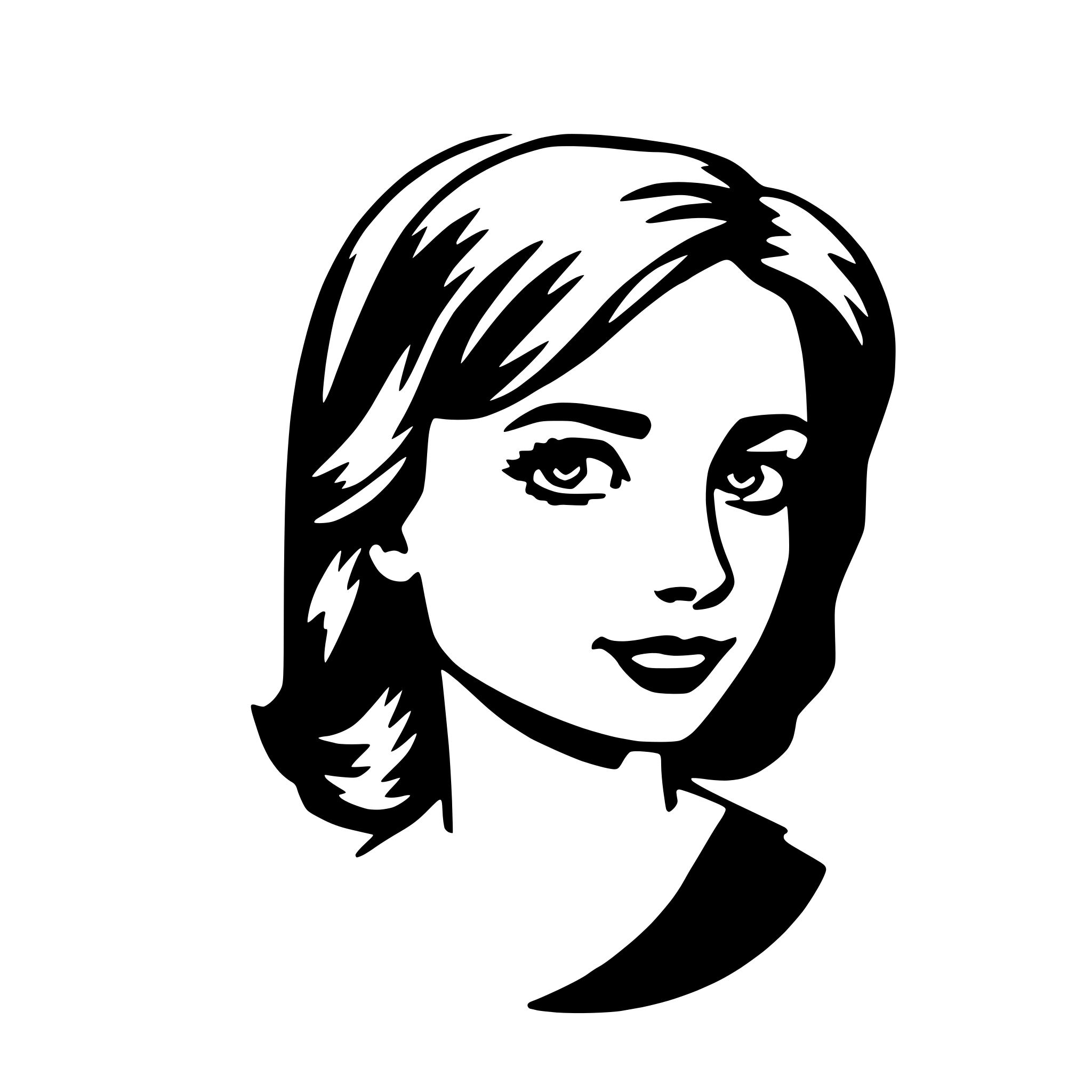 The SVG is a black and white vector graphic of a woman's face. The woman has short hair, and her facial features are depicted with a simple, stylized design. The SVG does not contain any text or additional objects, and there is no interaction between objects as it is a single, self-contained graphic. 