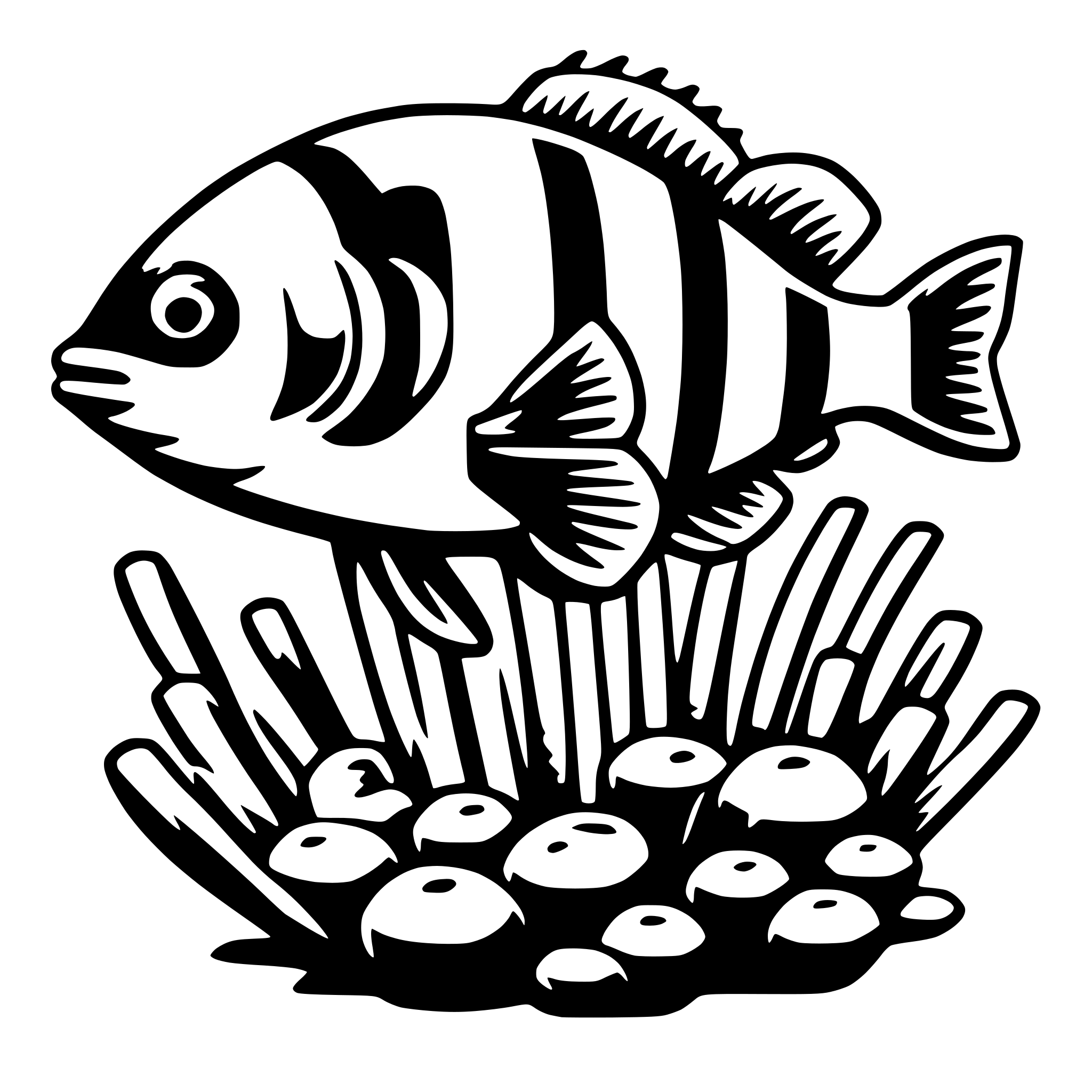 The SVG depicts a stylized black and white illustration of a fish swimming above a cluster of eggs. The fish is shown with a prominent eye, a dorsal fin, and a tail fin. The eggs are arranged in a circular pattern, suggesting a protective nest. The fish appears to be swimming towards the eggs, possibly indicating a parental or protective behavior. The overall style is simple and cartoonish, with bold outlines and minimal shading. 