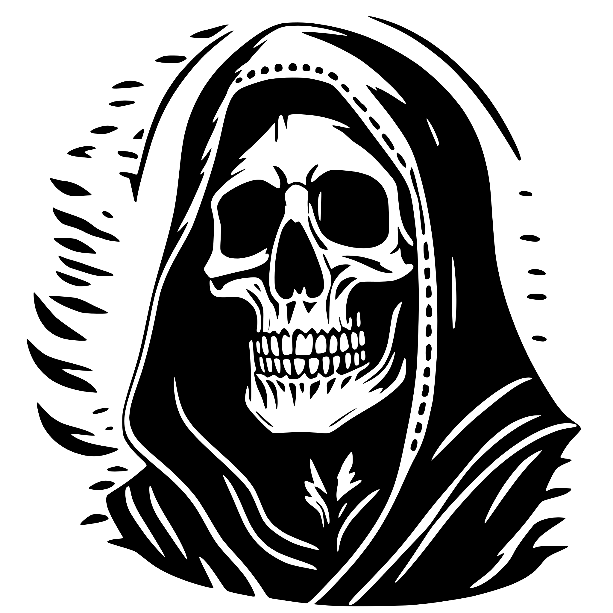 AI-generated SVG of a grim reaper in virgin guadalupe style, white background