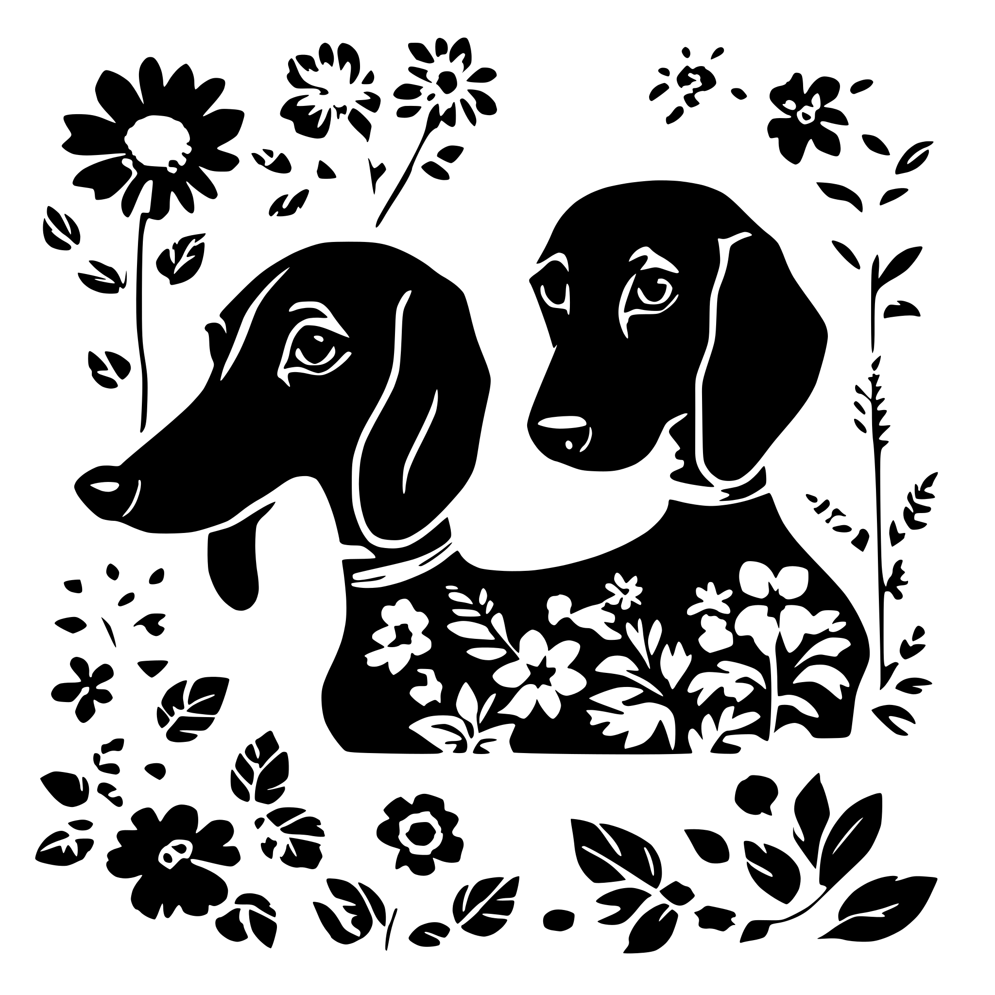 AI-generated SVG of a 20 floral dachshund silhouette black clipart bundle