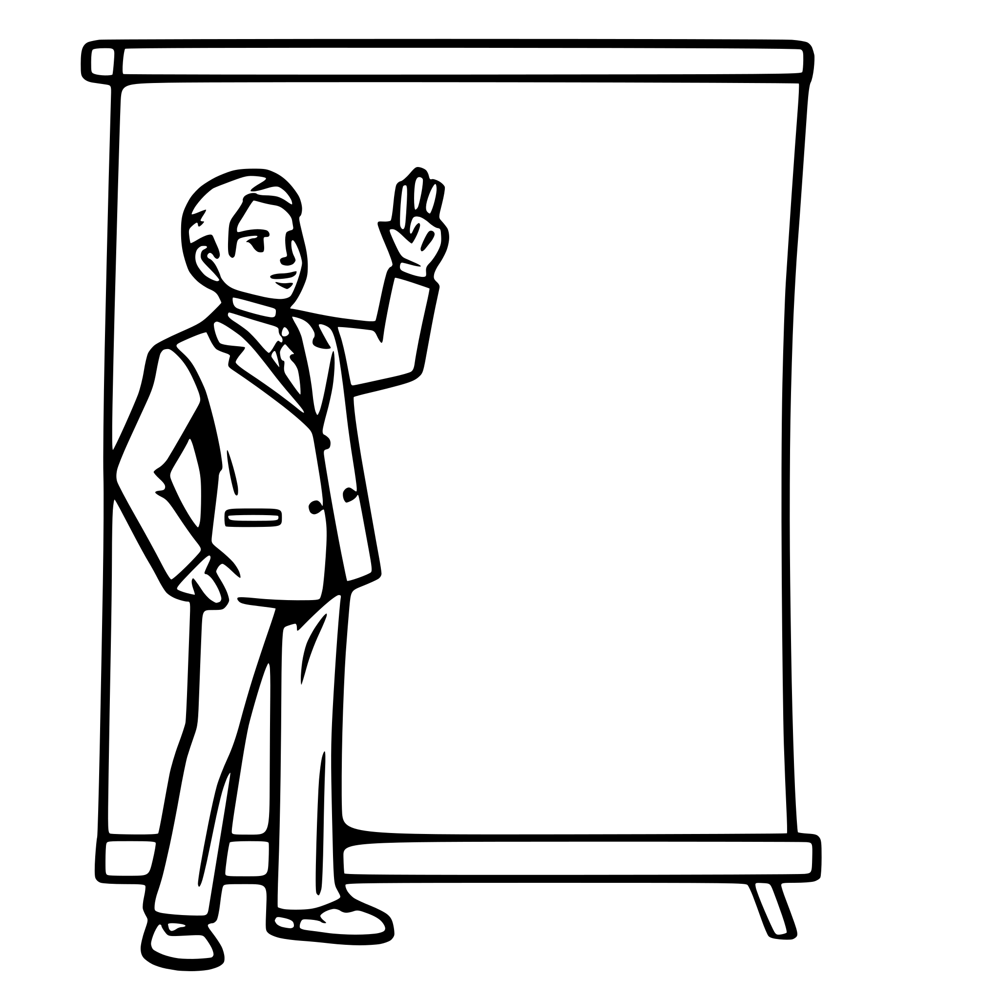 AI-generated SVG of a Outline of a man in a suite standing pointing to an imaginary white board. Just the outline. CAD person.