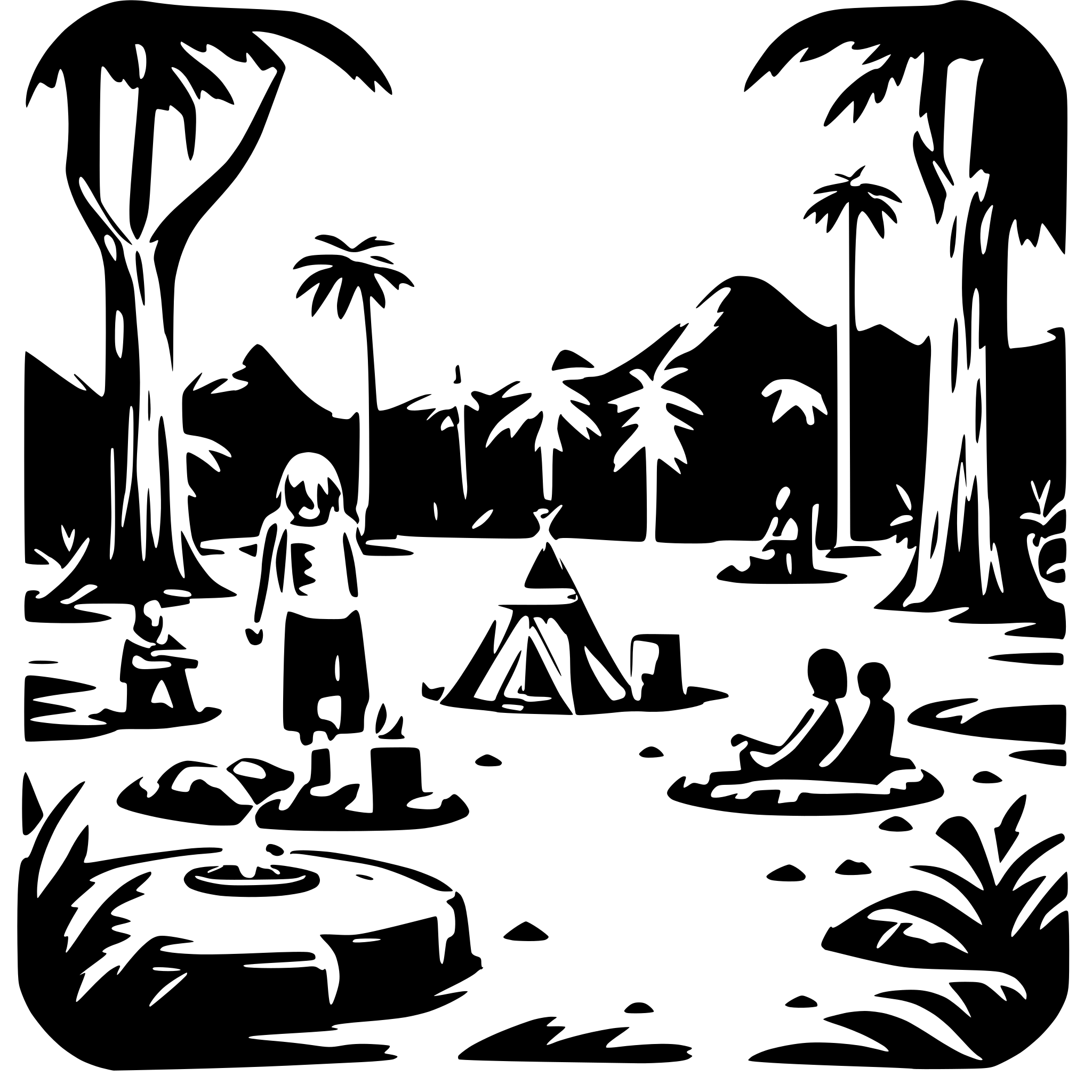 AI-generated SVG of a 4 stickman circleing fire camp in the middle of jungle AI-generated SVG of a 4 stickman circleing fire camp in the middle of jungle