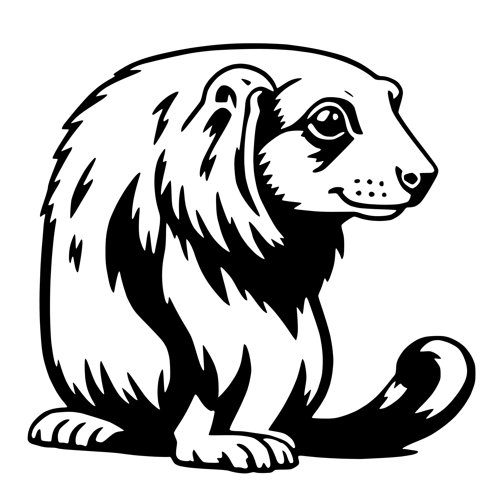 The SVG depicts a stylized black and white illustration of a dog. The dog is sitting with its front paws extended forward and its tail curled around its body. It has a round head with large, expressive eyes and a small, triangular nose. The ears are pointed upwards and the fur appears to be textured, giving a sense of volume and softness. The dog's body is elongated with a visible spine and ribcage, and the tail has a tuft of fur at the end. The SVG is simple and does not contain any additional objects or interactions. 