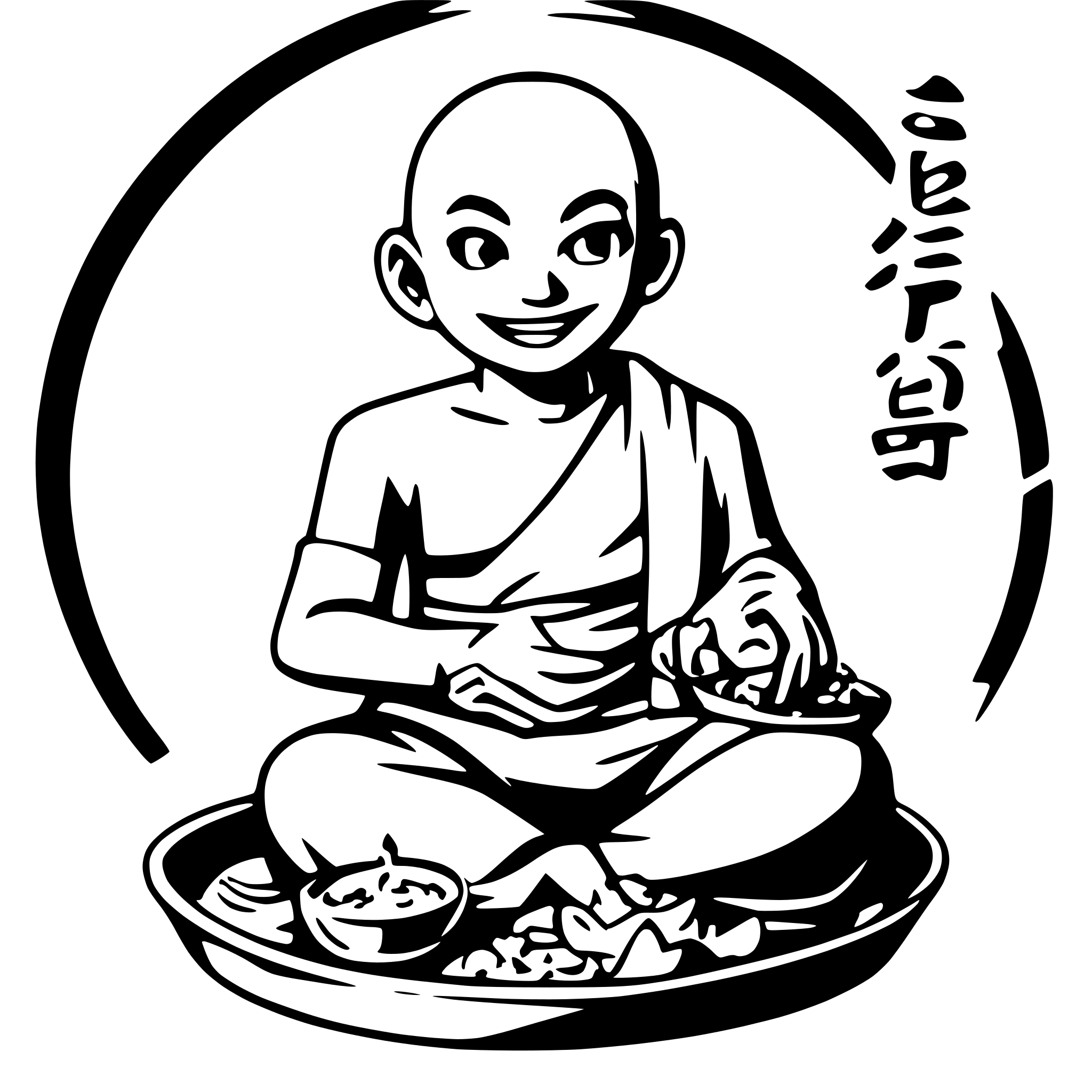 AI-generated SVG of a Generate a happy laughing Buda sitting there and presenting his big belly. in front of him is a pot and a plate with leftovers
