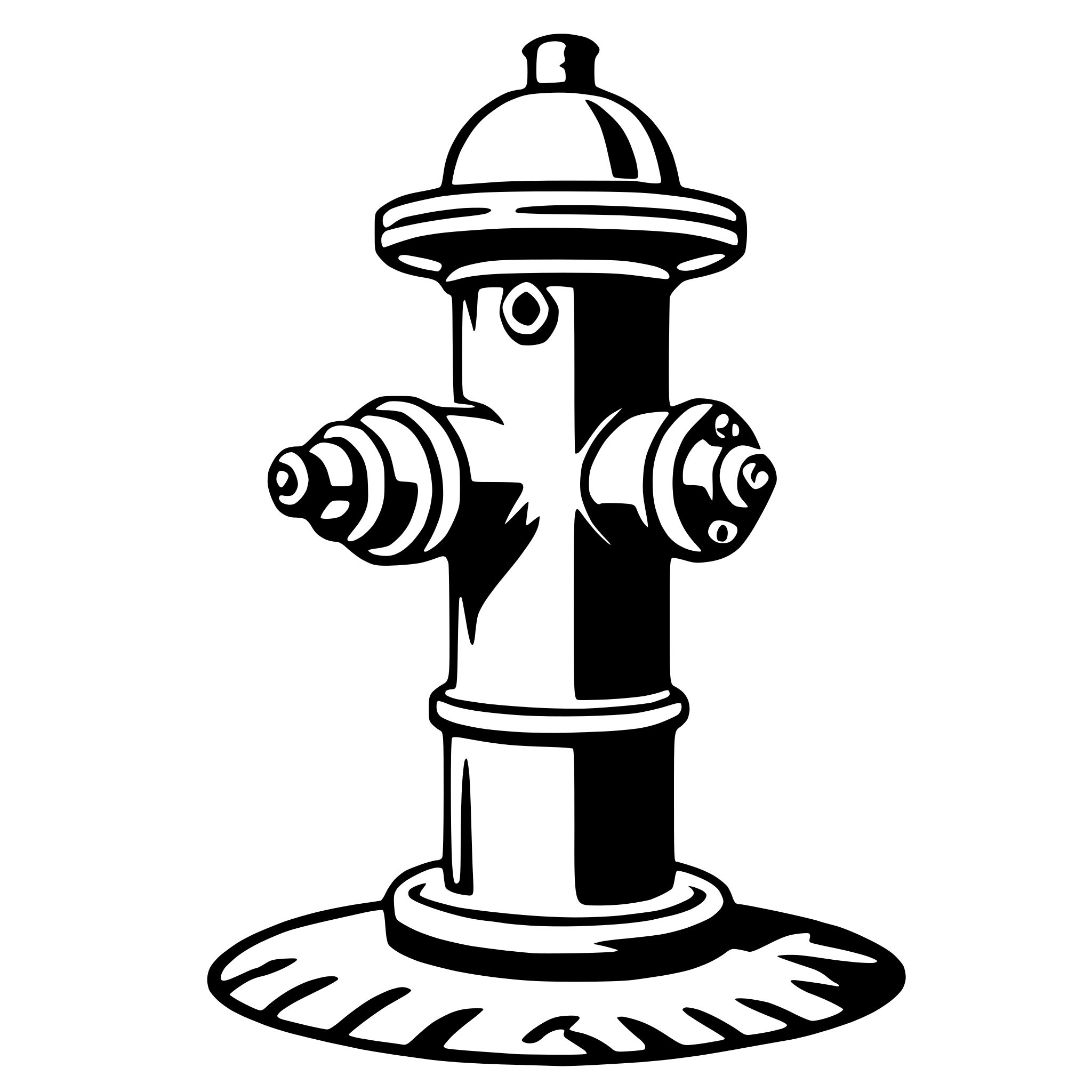 The SVG shows a black and white line drawing of a fire hydrant. The hydrant has a cylindrical body with a flared base, a central spout, and two side nozzles. The top of the hydrant is capped with a rounded dome. The hydrant is depicted in a simplified, cartoon-like style with no shading or textures, emphasizing its geometric form. 