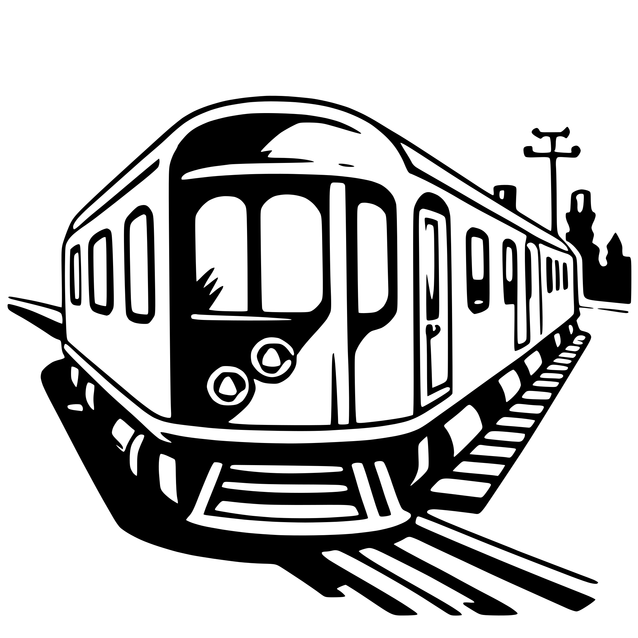 The SVG depicts a stylized train on tracks. The train is shown in profile, with its front facing towards the right side of the SVG. It has a simple, cartoon-like design with a rounded front and a series of windows along its side. The train is on a set of tracks that curve to the right, suggesting motion. In the background, there is a silhouette of a building, possibly a station, and a power line. The SVG is monochromatic, using black and white to convey the scene. 
