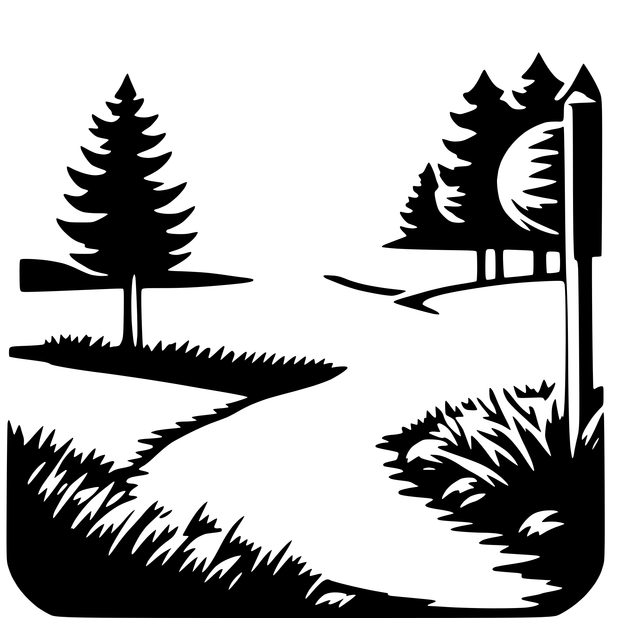 The SVG depicts a stylized, black and white landscape scene. On the left side, there is a silhouette of a tree with a full canopy, and on the right side, there is a silhouette of a tree with a more sparse canopy. Between these two trees, there is a winding path that leads towards the tree with the sparse canopy. The path is flanked by grass and a few small plants or shrubs. On the right side of the SVG, there is a silhouette of a signpost with a circular top, which is a common design for street signs. The overall style is simplistic and uses negative space to create the shapes of the trees and the path. 