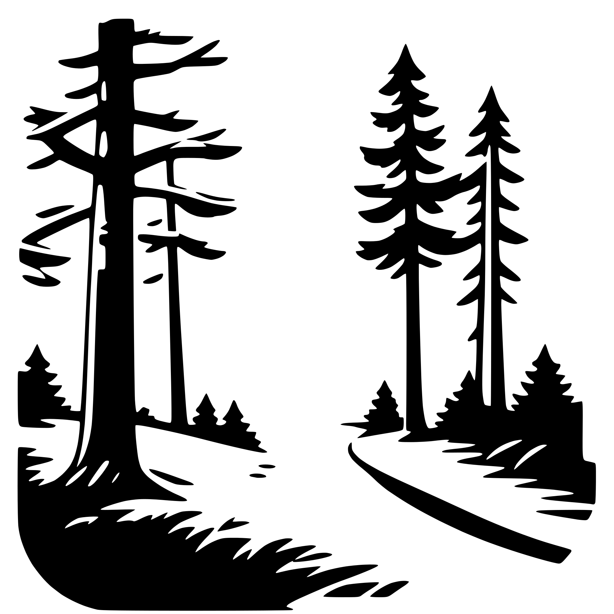 The SVG shows two stylized evergreen trees on either side of a path. The trees are depicted with a simplified silhouette, featuring a trunk, branches, and a canopy of needles. The path is shown as a straight line leading towards the trees, suggesting a pathway through a forested area. The trees and path are set against a plain background, which does not contain any additional details or objects. The SVG is a vector graphic, which means it can be scaled up or down without losing quality. 