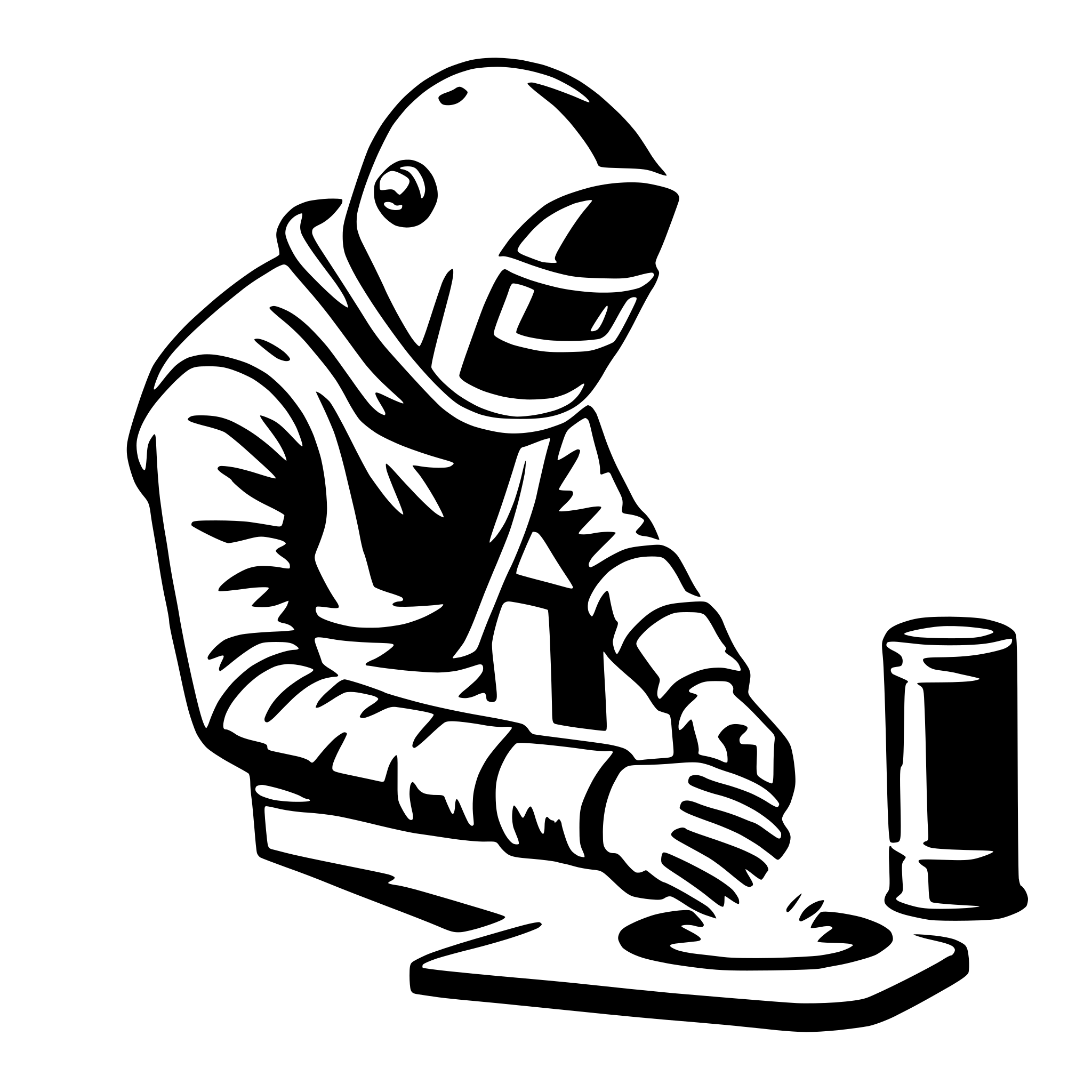 The SVG depicts a stylized illustration of an astronaut engaged in a task. The astronaut is seated on a chair and appears to be working on a cylindrical object, possibly a spacecraft or a piece of equipment. The astronaut is wearing a helmet with a visor, and the suit has a reflective quality, suggesting a space or science fiction theme. The astronaut's hands are focused on the object, which is being held in place by a clamp or vice. The overall style is simplistic and cartoonish, with bold outlines and minimal shading. 
