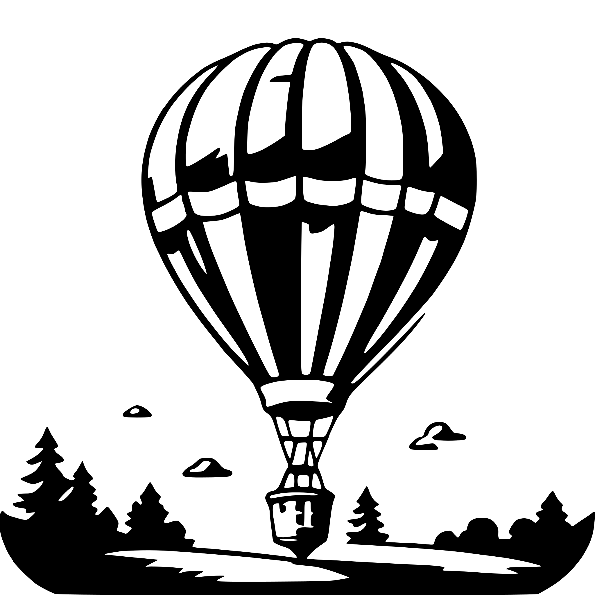 The SVG depicts a stylized black and white illustration of a balloon with a basket attached to its base, floating in the sky. Below the balloon, there is a landscape with silhouettes of trees and a wavy line suggesting a river or path. The balloon appears to be in motion, as indicated by the direction of the basket and the streamers at the top of the balloon. The overall style is simplistic and cartoonish, with bold outlines and minimal shading. 