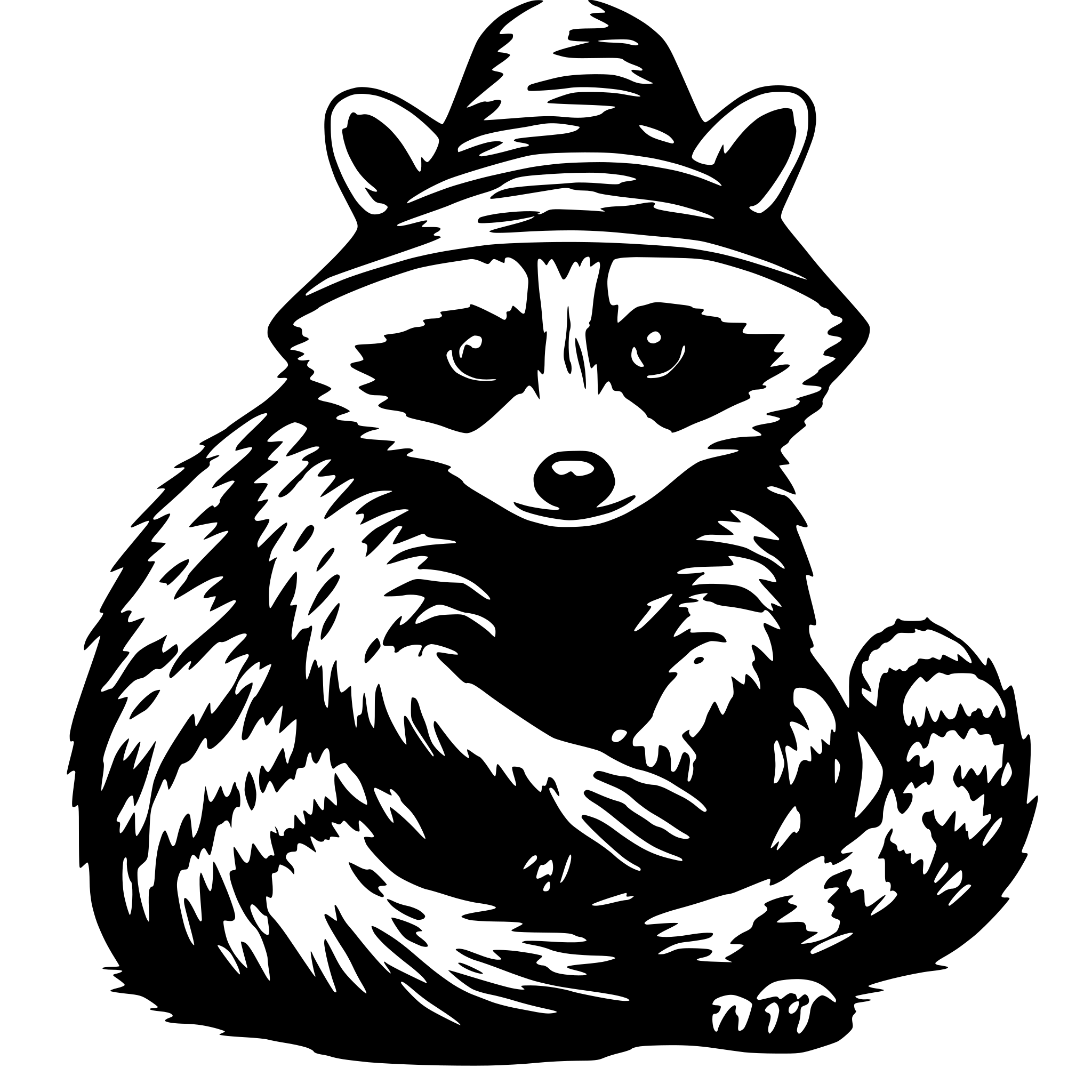 AI-generated SVG of a etched illustration wizard raccoon rubbing tummy