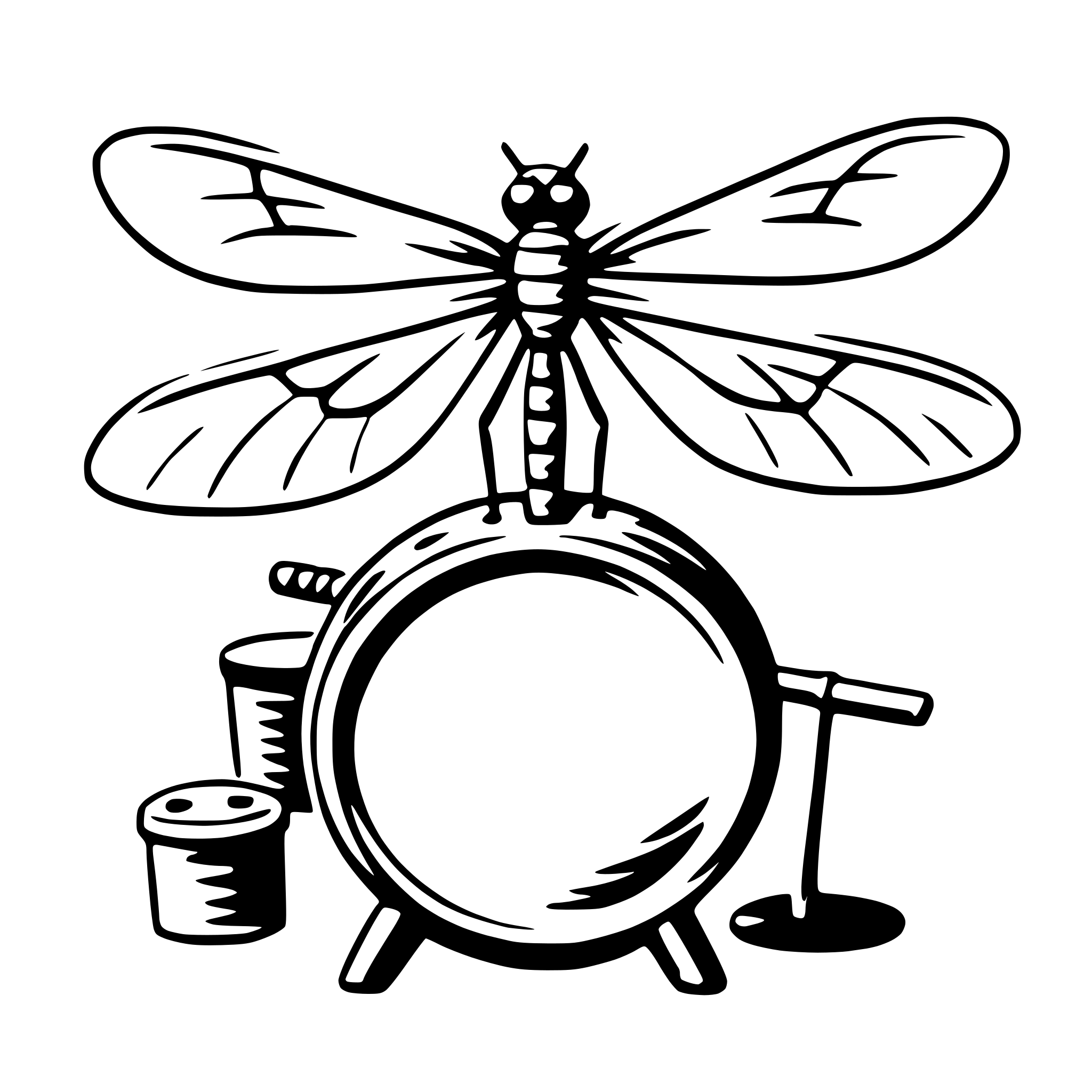 The SVG depicts a stylized illustration of a dragonfly perched on a circular object that resembles a clock or a target. The dragonfly is facing towards the right side of the SVG, with its wings spread out. Below the dragonfly, there are two cylindrical objects that could be interpreted as cans or containers, and a small, thin object that might be a tool or a piece of equipment. The dragonfly is positioned above the circular object, which has a central hole and a smaller circle within it. The overall impression is that of a dragonfly resting on a target or a clock, with tools or containers at its feet. 