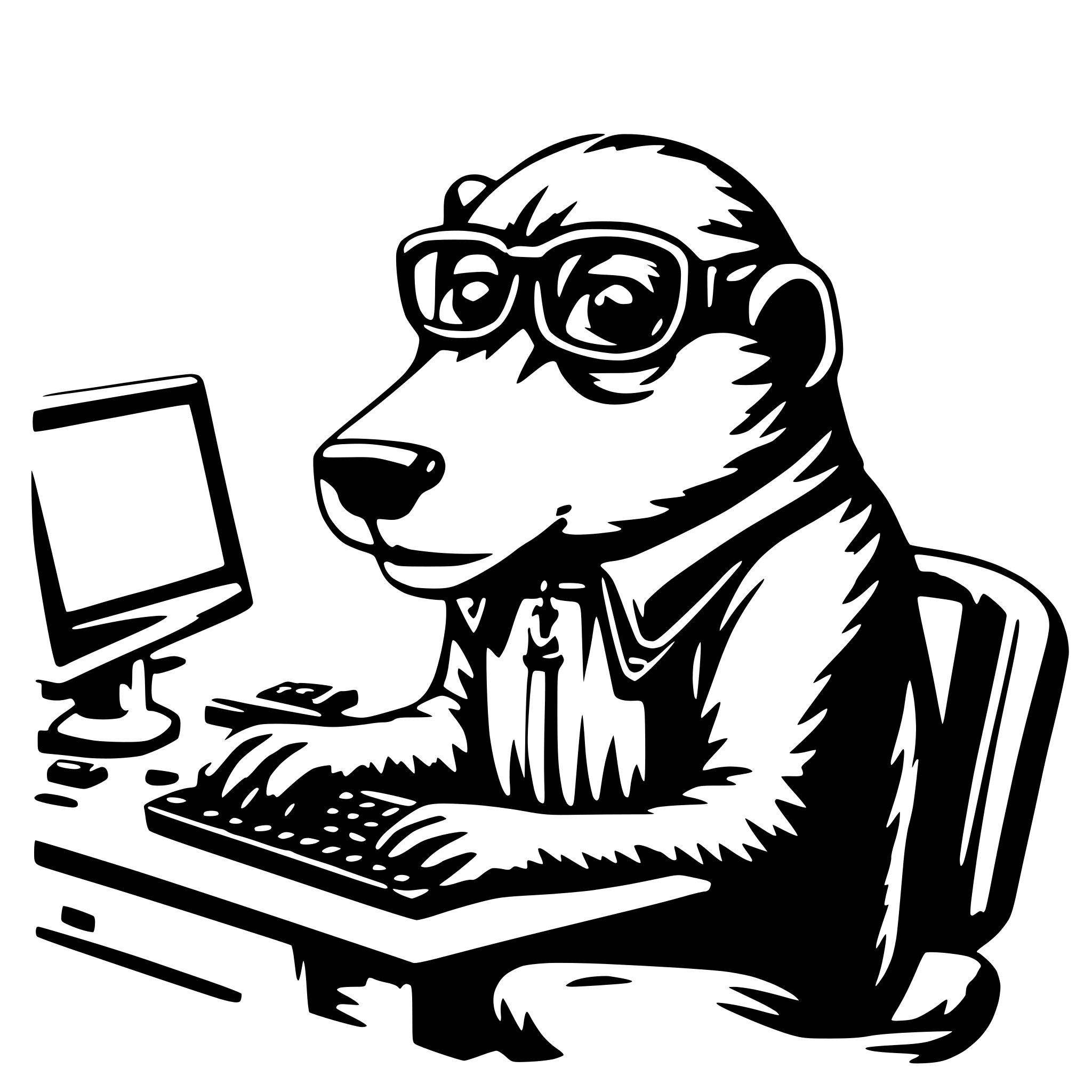 AI-generated SVG of a A cute smart beaver programmer, in very big huge thick glasses, with very small eyes, almost blind, is trying to write something on the keyboard, sitting in front of a laptop. In the background behind there are many complex software links with arrows, schemes, computer concepts and connecting lines. AI-generated SVG of a A cute smart beaver programmer, in very big huge thick glasses, with very small eyes, almost blind, is trying to write something on the keyboard, sitting in front of a laptop. In the background behind there are many complex software links with arrows, schemes, computer concepts and connecting lines.