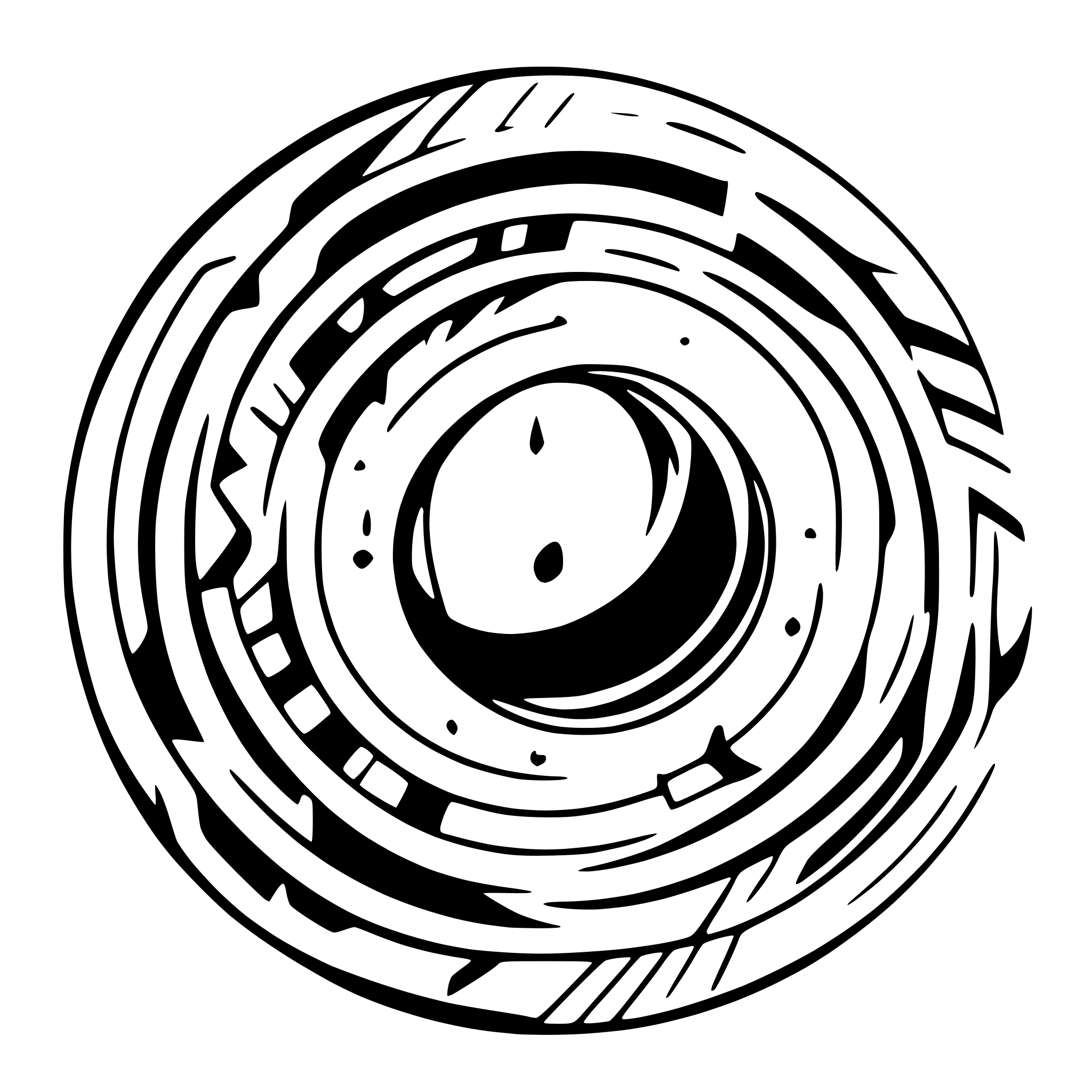 AI-generated SVG of a The image depicts a futuristic, symmetrical, geometric design with a celestial and technological aesthetic, often found in sci-fi UI elements, sacred geometry, or abstract space-themed logos.  Key elements:  Central crescent moon shape: Positioned in the middle of the composition, the crescent is encircled by thin concentric rings, suggesting orbital motion or planetary symbolism. Circular framework: A large circle surrounds the crescent moon, segmented into arcs and dotted lines. The circle con