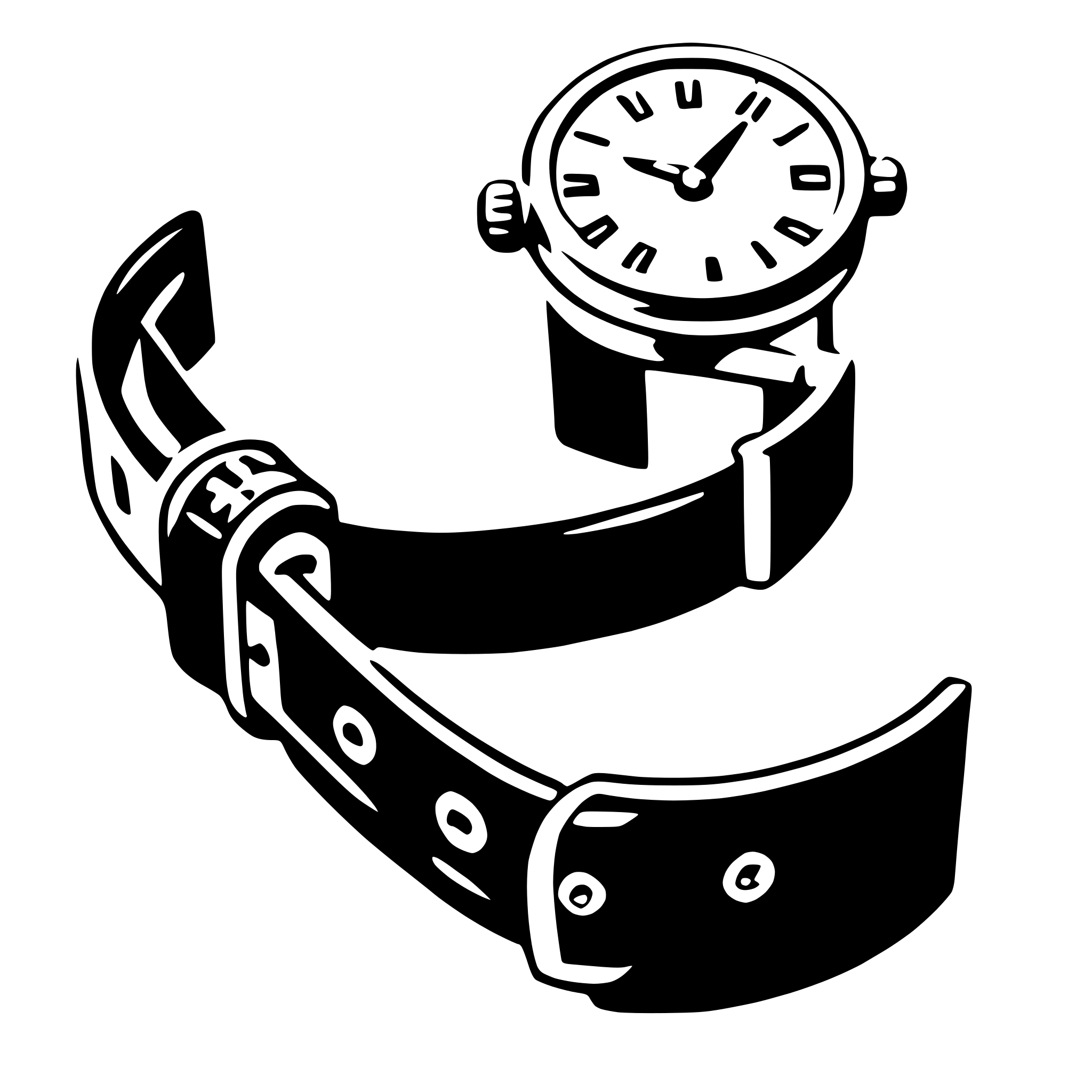 The SVG shows a wristwatch with a round face and a black strap. The watch has a white face with black numbers and hands, indicating the time. The strap appears to be made of a material with a textured pattern, and there are two metal buckles on the strap, one at each end, which are used to adjust the fit of the watch on the wrist. The watch is depicted in a stylized manner, with clean lines and a minimalist design. 