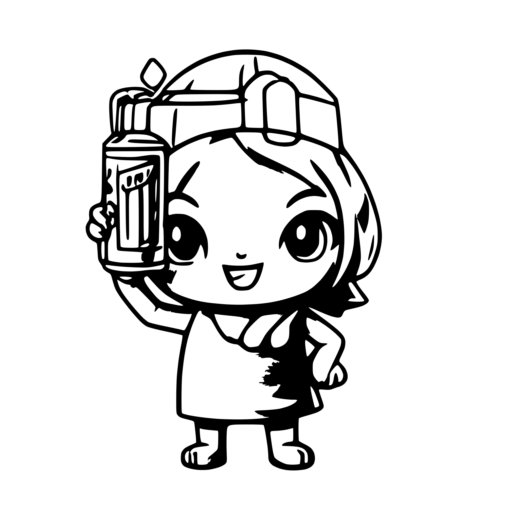 AI-generated SVG of a a kawaii tuna can is offering a bottle of beer with its hands. A bubble says 