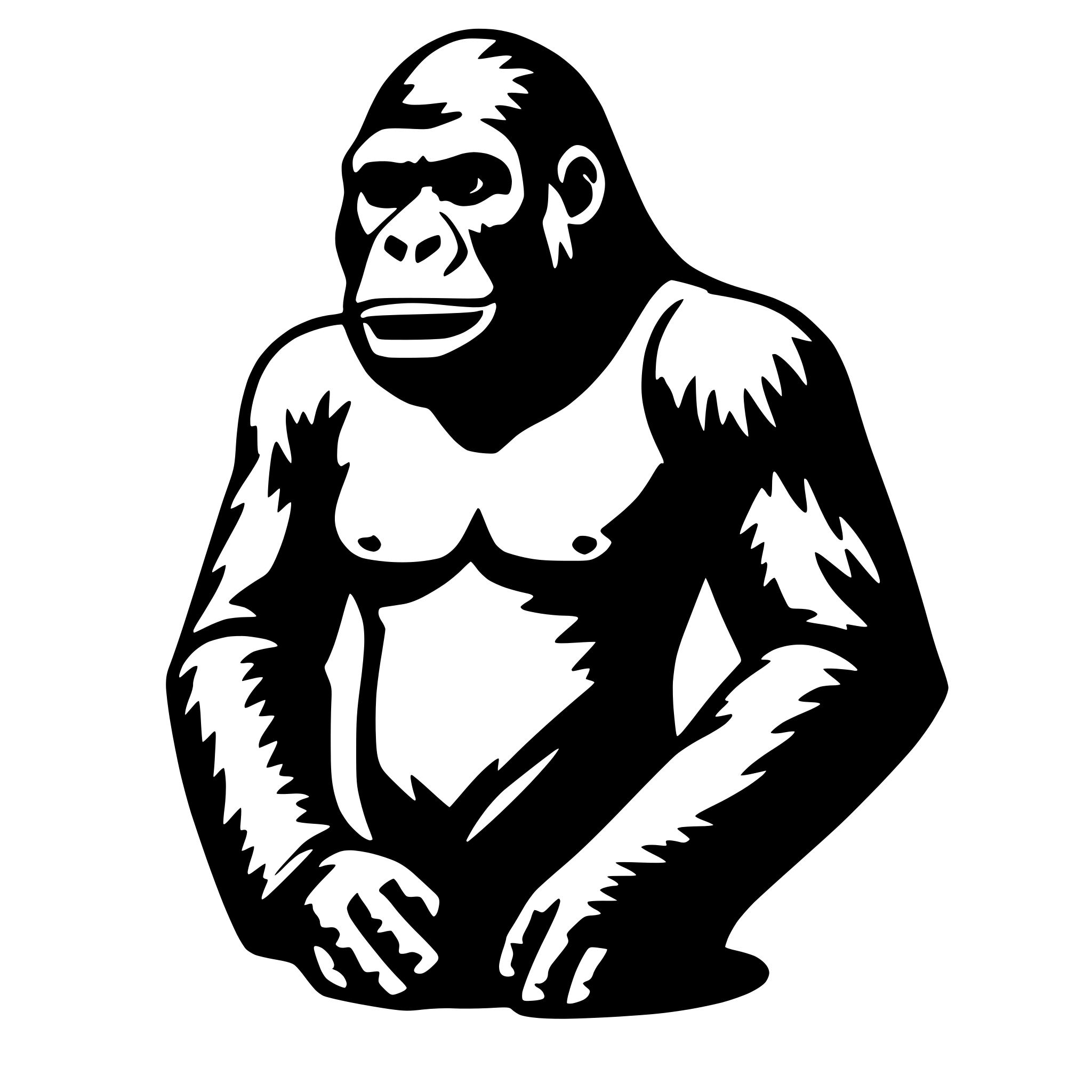 The SVG depicts a stylized, cartoon-like representation of a gorilla. The gorilla is standing upright with its arms resting at its sides. It has a large, round head with prominent eyes and a small, curved mouth. The gorilla's body is muscular, with visible lines and contours suggesting its strength. The SVG is simple and uses solid colors without any shading or gradients, giving it a bold and graphic appearance. 