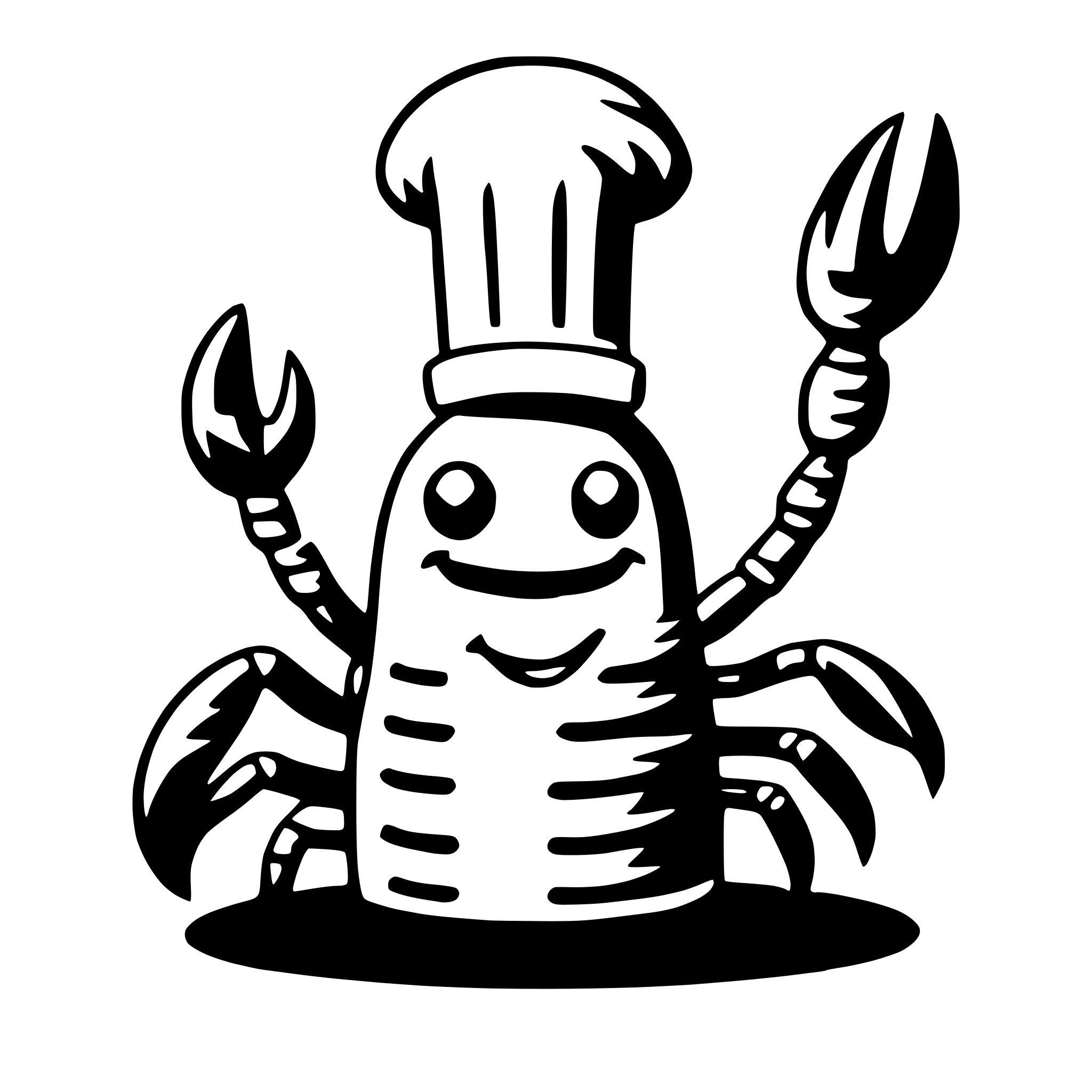 The SVG features a stylized cartoon crab with a friendly expression. It has a large, prominent chef's hat on its head, suggesting a culinary theme. The crab's body is segmented, with visible claws on its front legs. It appears to be smiling or laughing, with its mouth open and its eyes closed, giving it a cheerful demeanor. The crab is sitting on a surface that could be interpreted as a stove or a hot plate, indicated by the lines suggesting heat or flames. The overall style is simple and cartoonish, with bold outlines and minimal shading. 