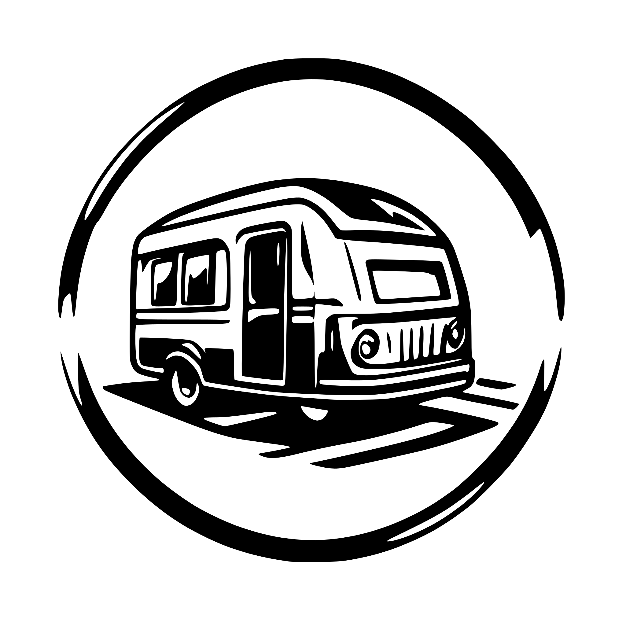 AI-generated SVG of a Motorhome en blanco y negro  con un texto que diga "The rolling homes"