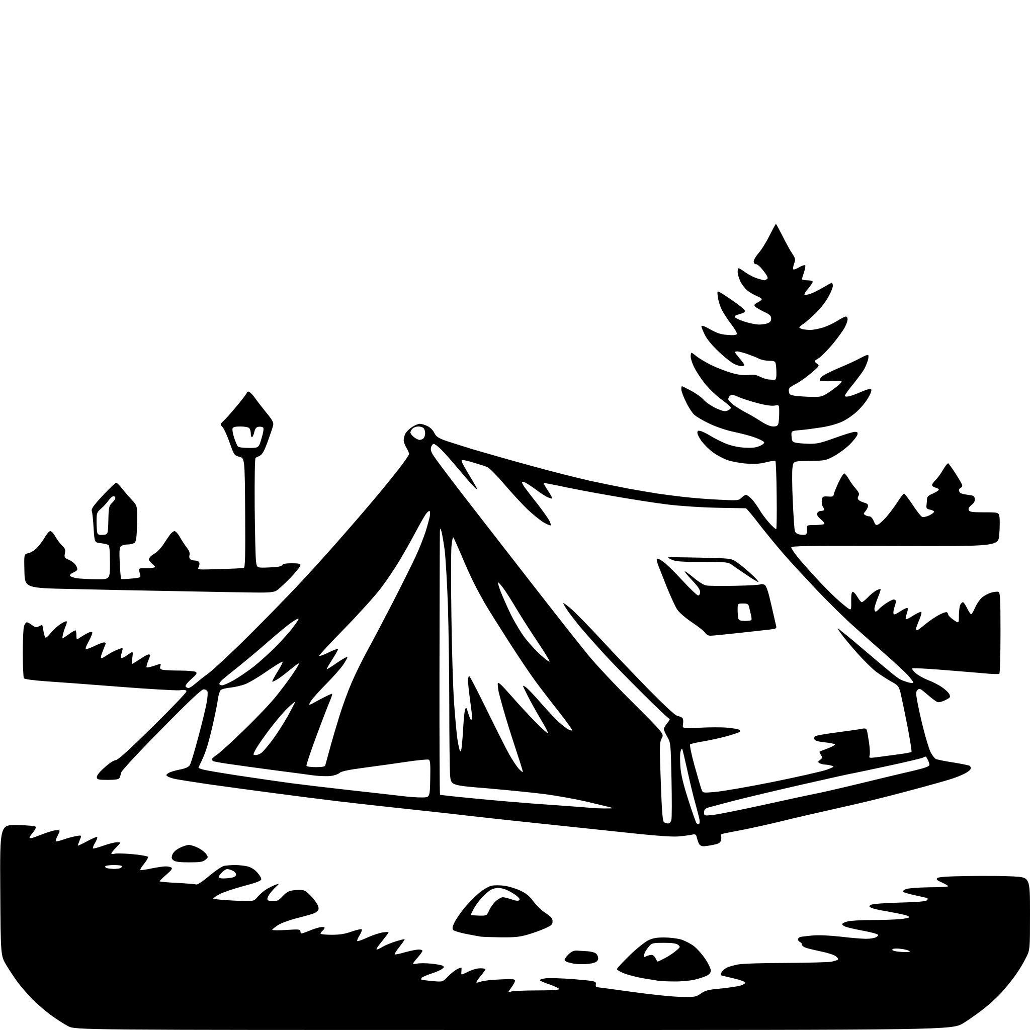 The SVG depicts a simple, stylized camping scene. At the center is a tent with a pointed roof, pitched on a grassy area. To the left of the tent, there is a lamp post with a light on top. To the right of the tent, there is a small, square structure that could be a storage box or a small shelter. In the background, there are silhouettes of trees and a path leading towards them. The overall style is minimalistic and appears to be designed for a logo or icon, given its simplicity and lack of detail. 