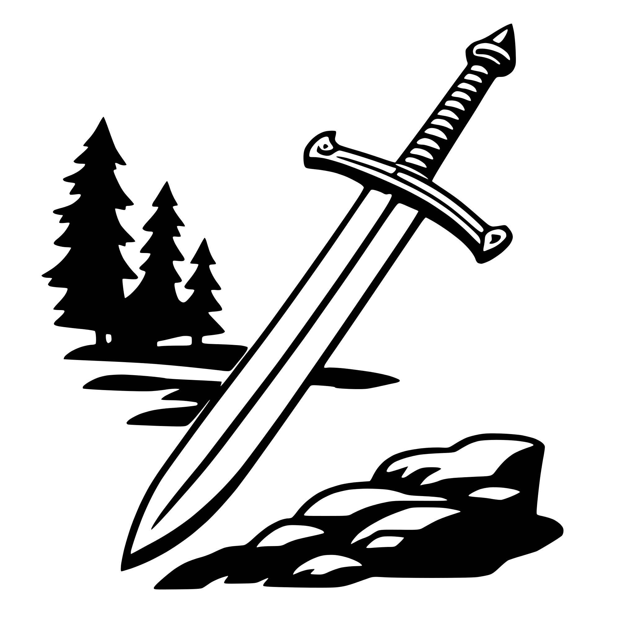 The SVG features a stylized depiction of a sword and a forest scene. The sword, with its pointed tip and curved blade, is leaning against a large rock. The rock is situated on the right side of the SVG, and the sword's hilt is on the left. In the background, there are silhouettes of trees, suggesting a forest setting. The sword and the rock are the main objects in the SVG, and their interaction implies a sense of rest or perhaps a moment of pause during a journey or adventure. 