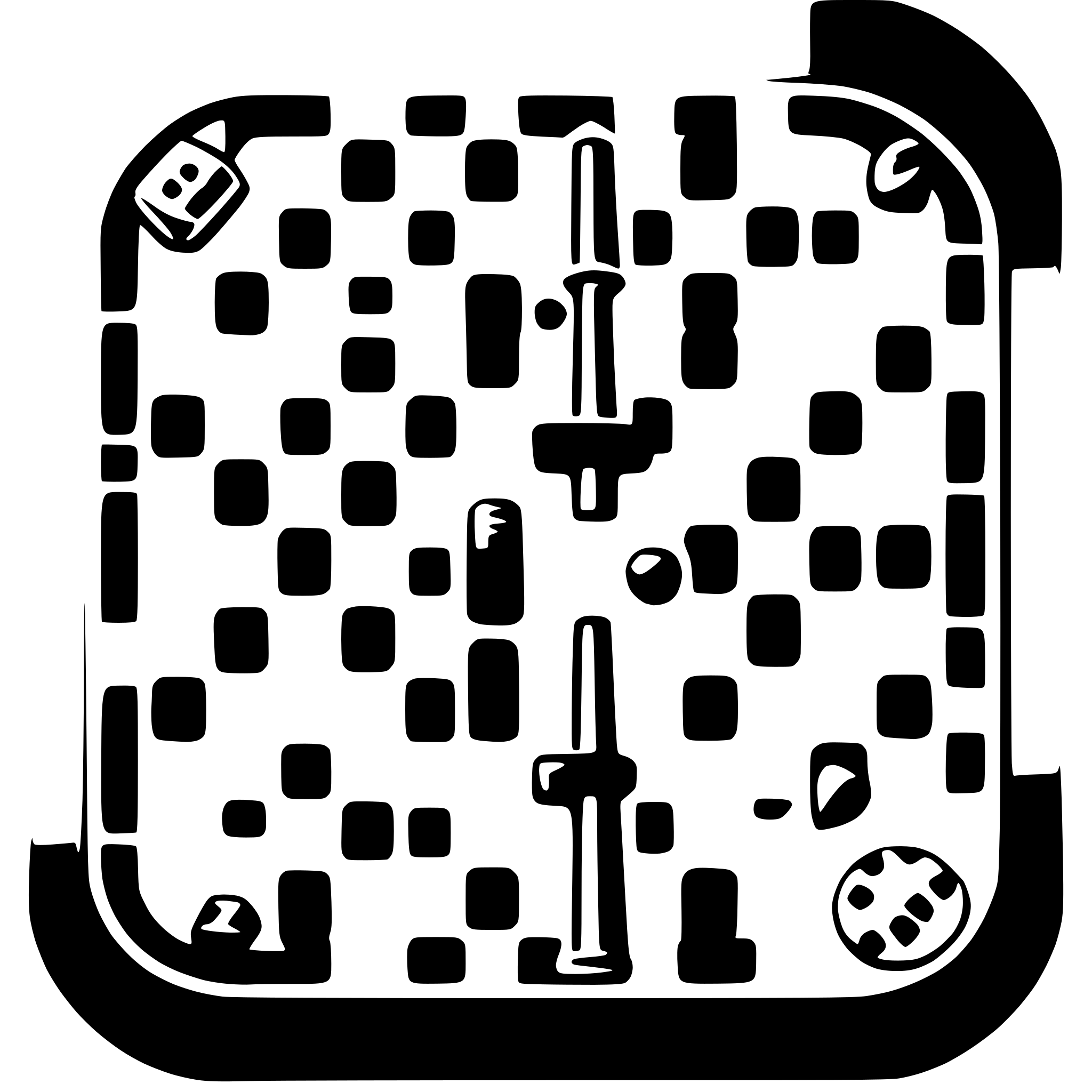 The SVG appears to be a stylized representation of a game or puzzle, possibly a crossword or word search puzzle. It features a grid with squares containing various symbols and letters. There are two vertical bars that seem to be part of the game's mechanics, possibly for moving or selecting squares. The design is simple and abstract, with no clear indication of the theme or content of the puzzle. The interaction between the objects is not explicitly shown; however, the vertical bars suggest that they are meant to be manipulated, likely to reveal words or to move through the grid. 