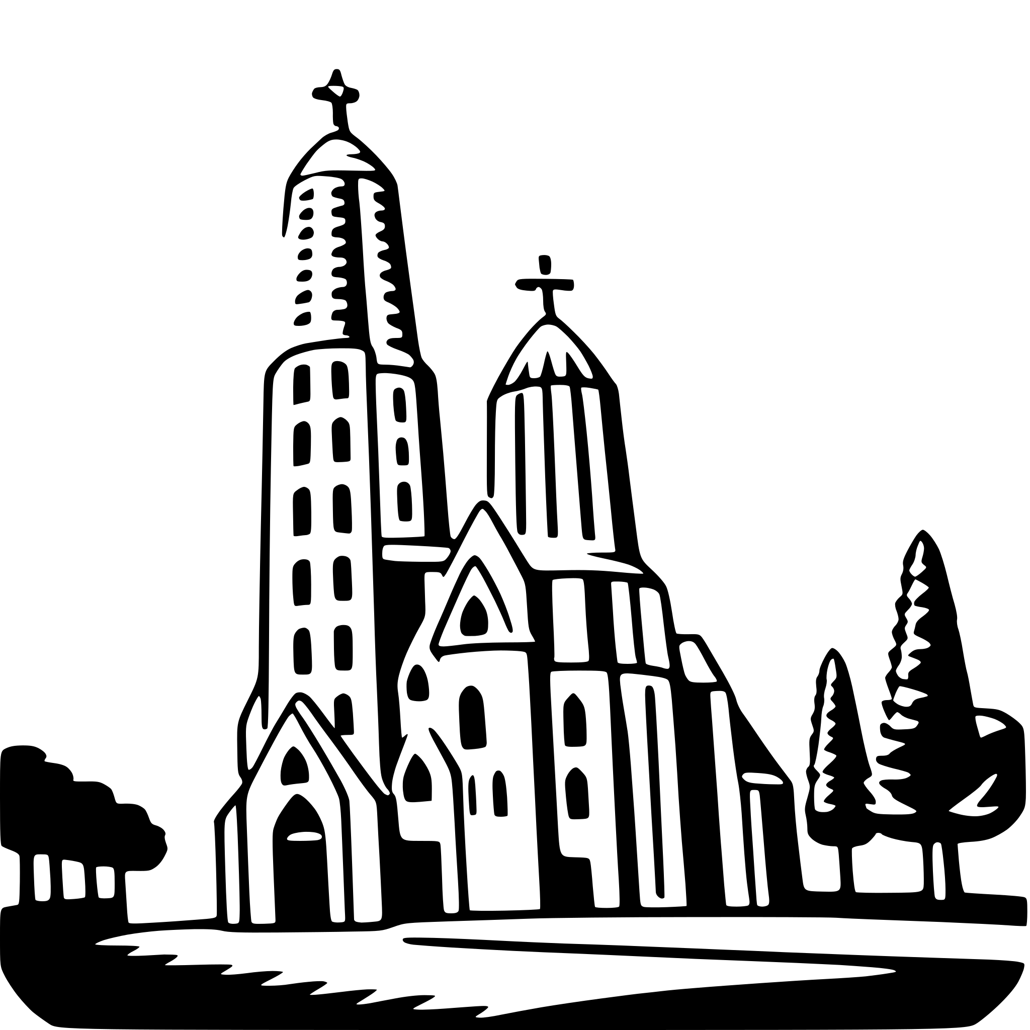 The SVG depicts a stylized, monochromatic illustration of a church with a steeple and a cross on top. The church has a prominent central tower with a smaller tower to its right. There is a smaller building to the left of the church, and a tree is situated to the left of the church. The illustration is simplistic with minimal detail, using solid lines and shapes to convey the architecture and landscape. The style is reminiscent of a line drawing, and the SVG is likely intended for use as a graphic or icon. 