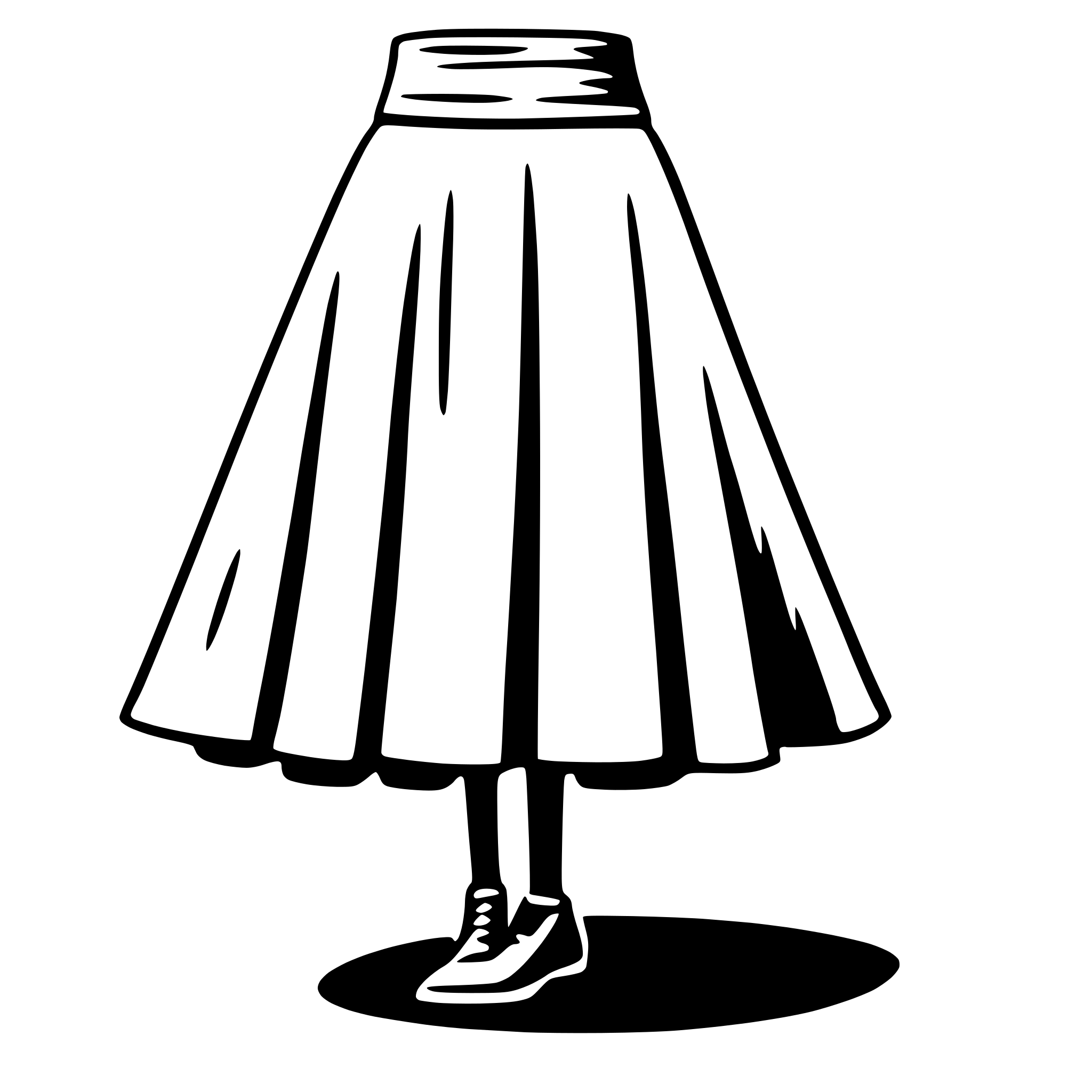 The SVG depicts a stylized, cartoon-like illustration of a person wearing a long, flowing skirt and a pair of shoes. The skirt is full and appears to be made of a light fabric, with folds and creases suggesting movement. The shoes are simple, with a flat sole and a single strap across the foot. The person is standing with their feet together, and the skirt extends down to the ground, creating a shadow beneath the figure. The SVG is minimalistic, with no additional details or background elements, focusing solely on the clothing and the shadow. 