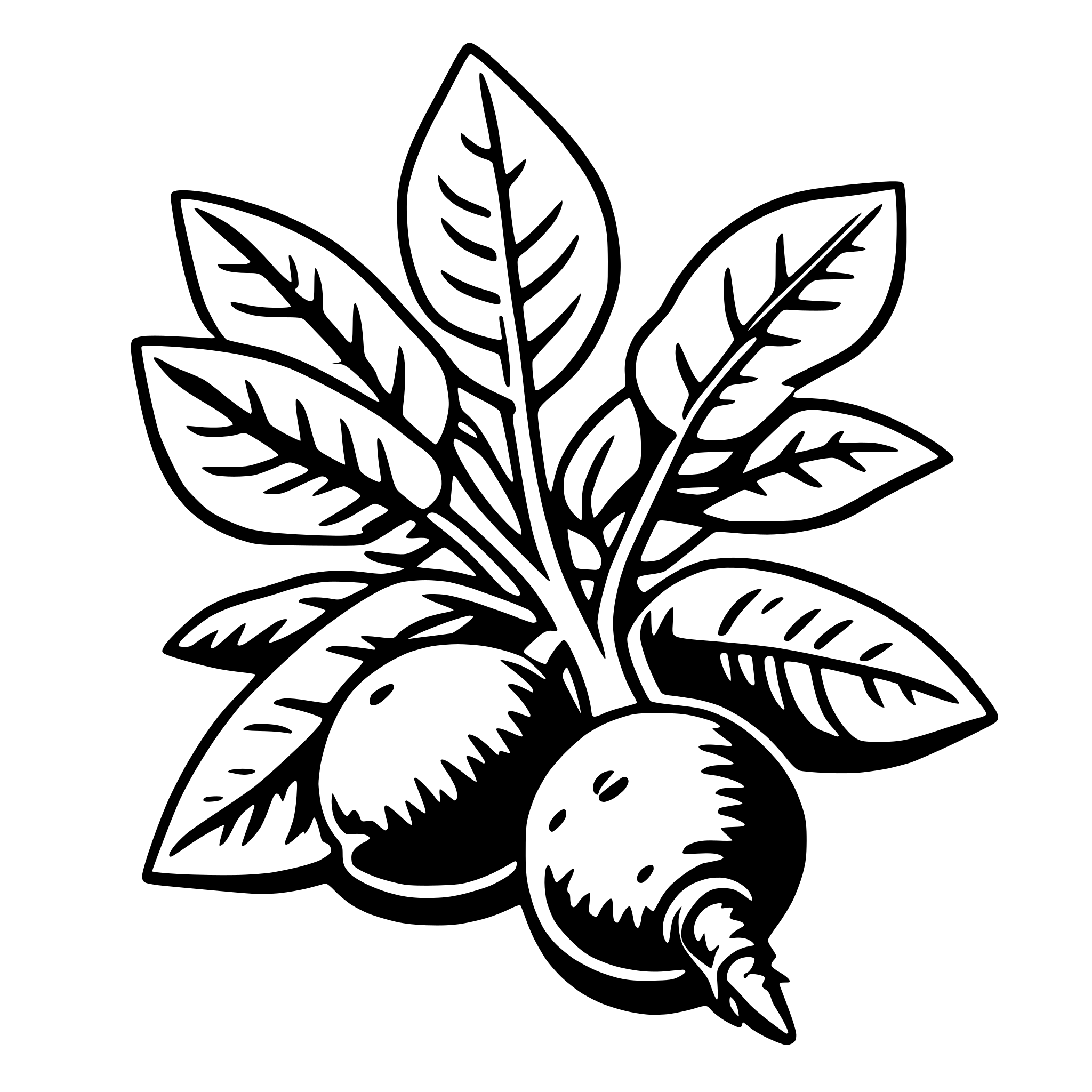 The SVG depicts a stylized illustration of a plant with broad, green leaves and a stem, bearing two round fruits that resemble turnips or radishes. The plant is centered and the fruits are attached to the stem, which extends from the center of the plant. The leaves are arranged in a symmetrical pattern around the stem and fruits. The style is simple and graphic, with clean lines and no shading or color information. 
