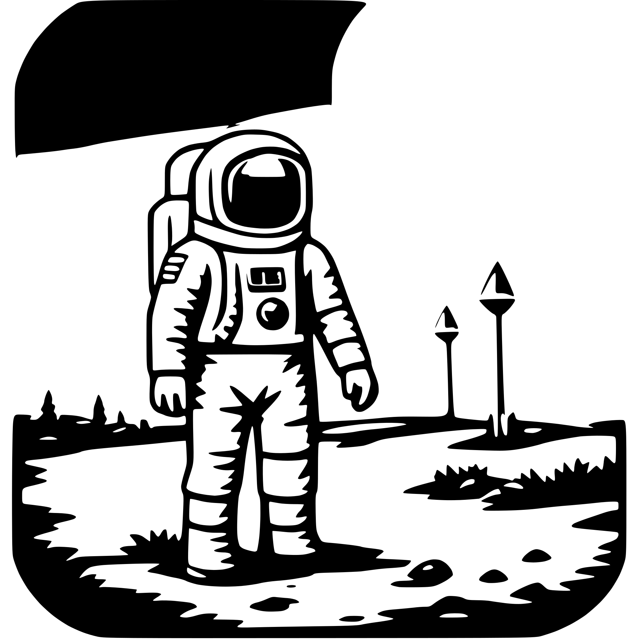 The SVG depicts a stylized astronaut standing on a barren, rocky surface that appears to be the moon or another celestial body. The astronaut is wearing a space suit with a helmet, and there are two triangular structures in the background that could be interpreted as flags or markers. The overall scene suggests a sense of exploration or a mission in space. 