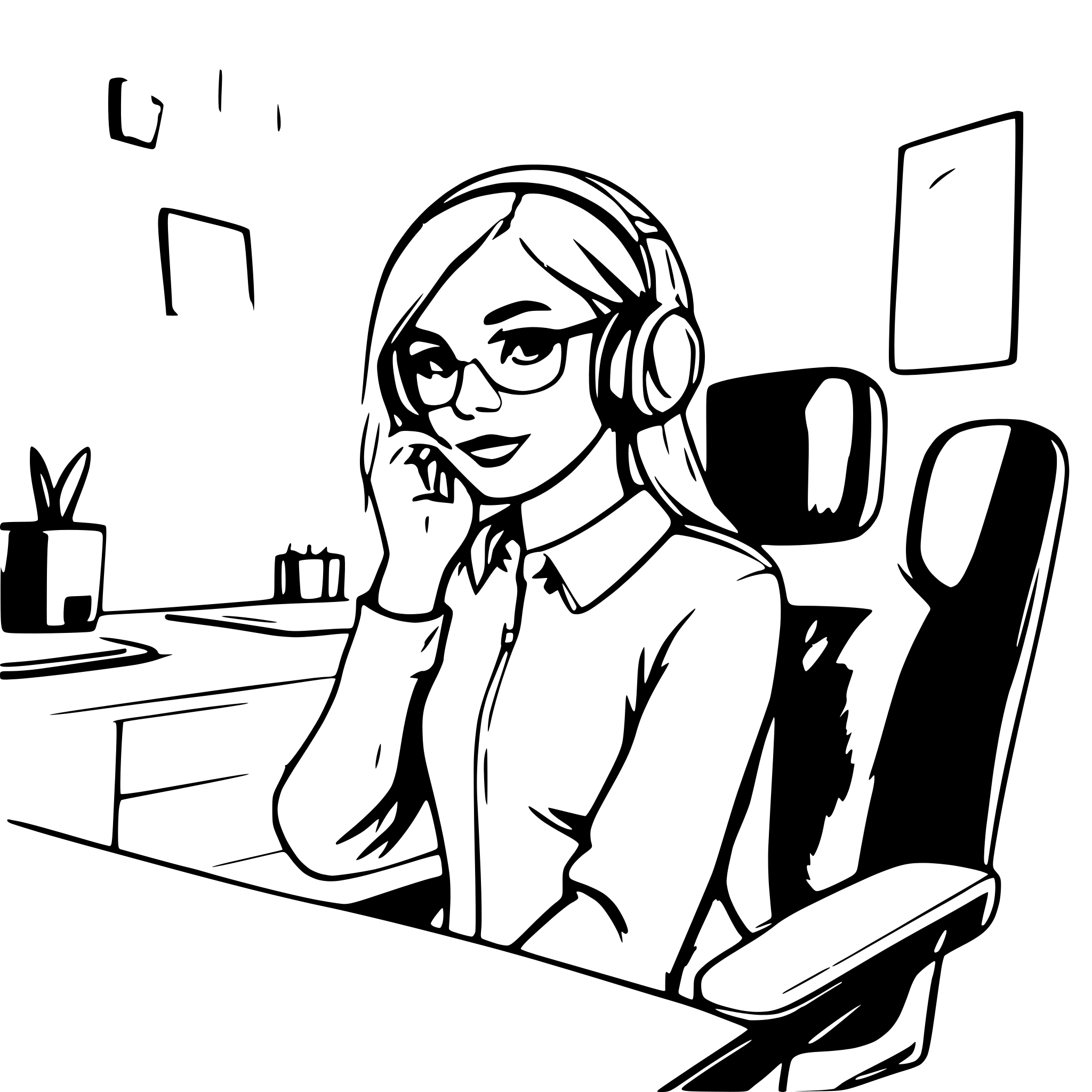 AI-generated SVG of a front camera person is sitting on desk chair with eeg headset on head