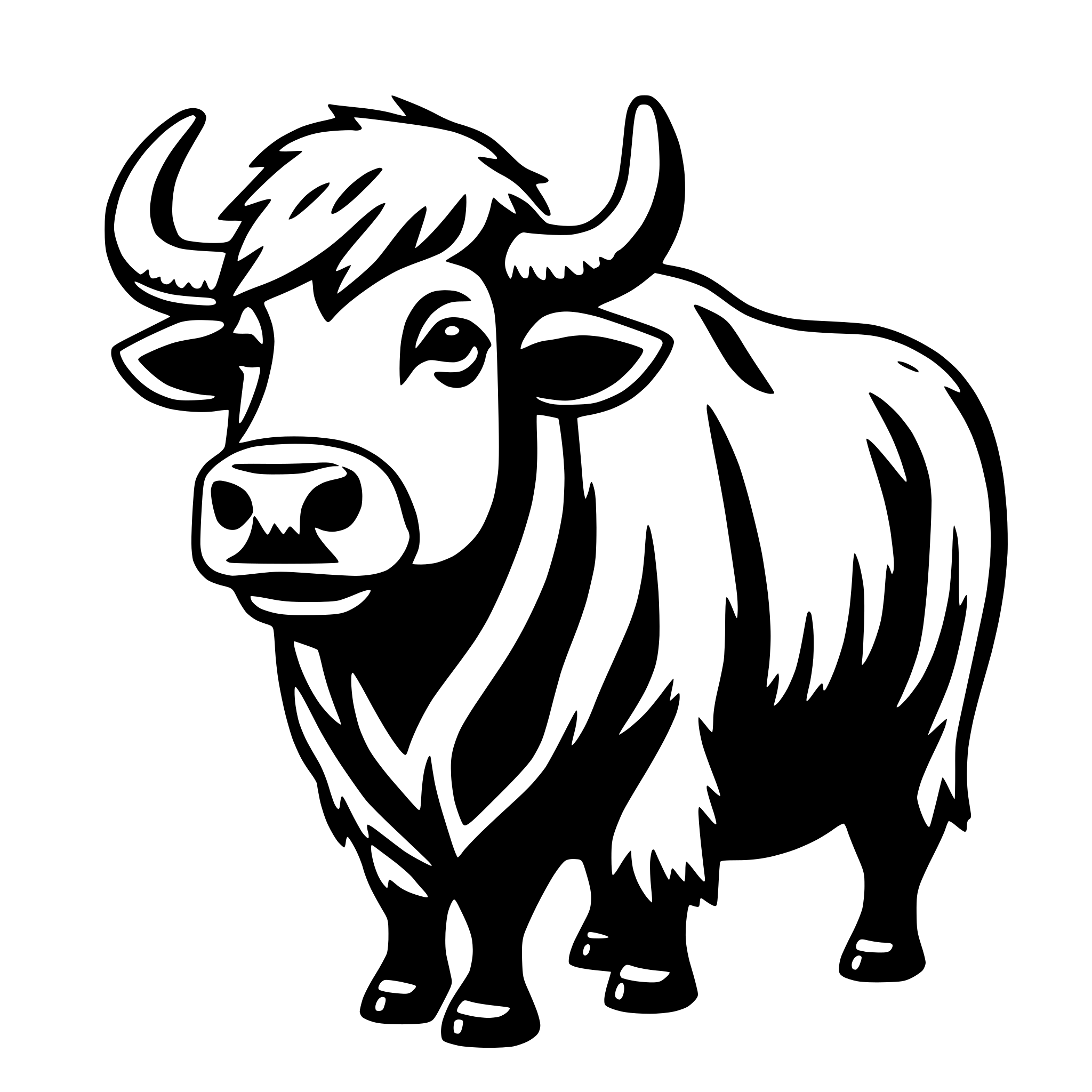 The SVG depicts a stylized black and white illustration of a cow. The cow is standing with its head turned slightly to the left, and it has a pair of small horns on its head. The cow's body is elongated, with a visible stomach and a tail that extends to the back. The cow's legs are short and sturdy, and it has four hooves. The cow's ears are pointed upwards, and its eyes are closed. The cow's nose is small and pointed, and its mouth is closed. The cow's fur appears to be short and smooth, and there are no visible texts or other objects in the SVG. The cow is the central figure in the SVG, and there are no other objects or interactions depicted. 