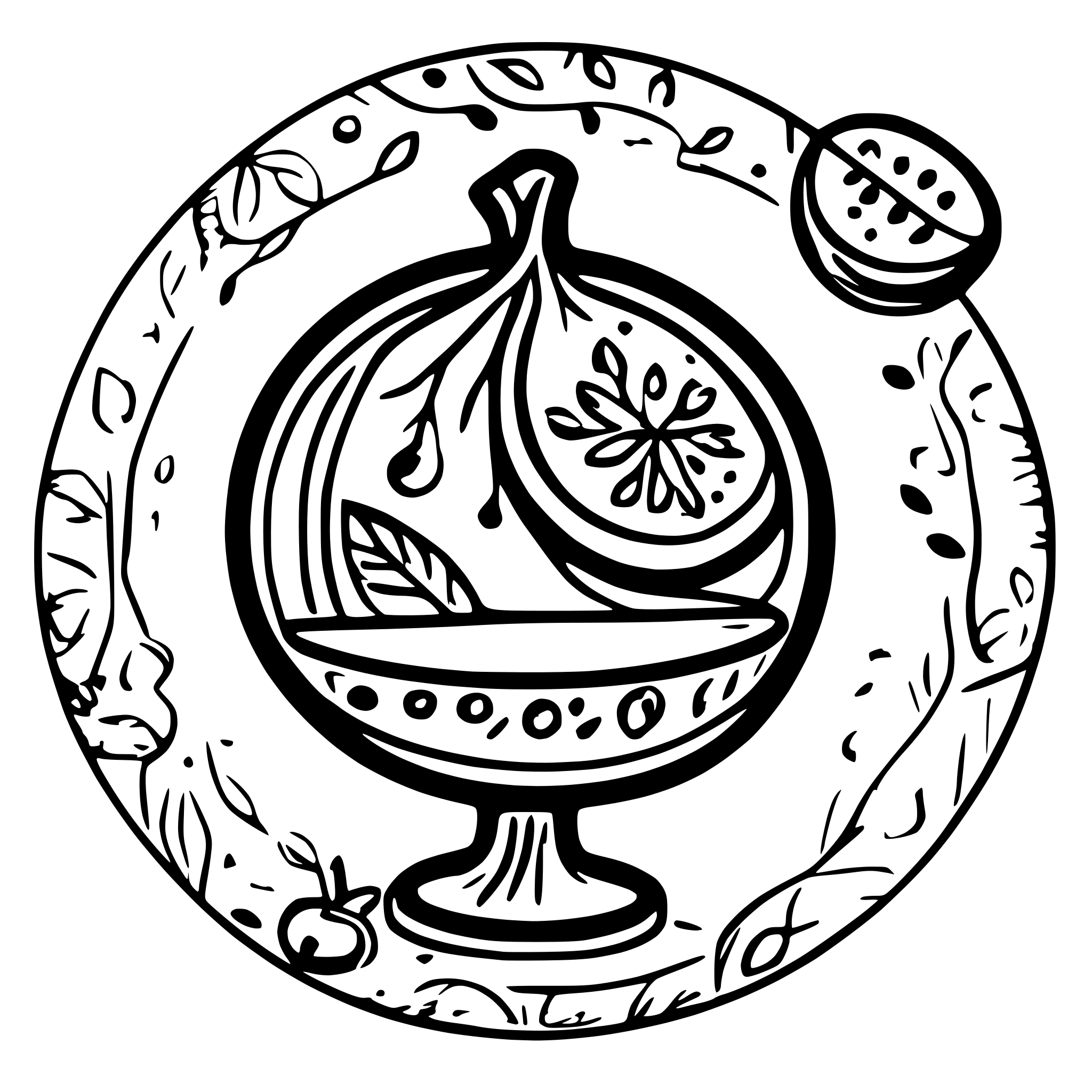 AI-generated SVG of a round decoration; persian yalda theme; red, gold, blue; turquoise stone art; symbols of pomegranates, watermelon, dates, grapes, figs; persian tapestry; single candle; line art; simple; single color; cartoon;