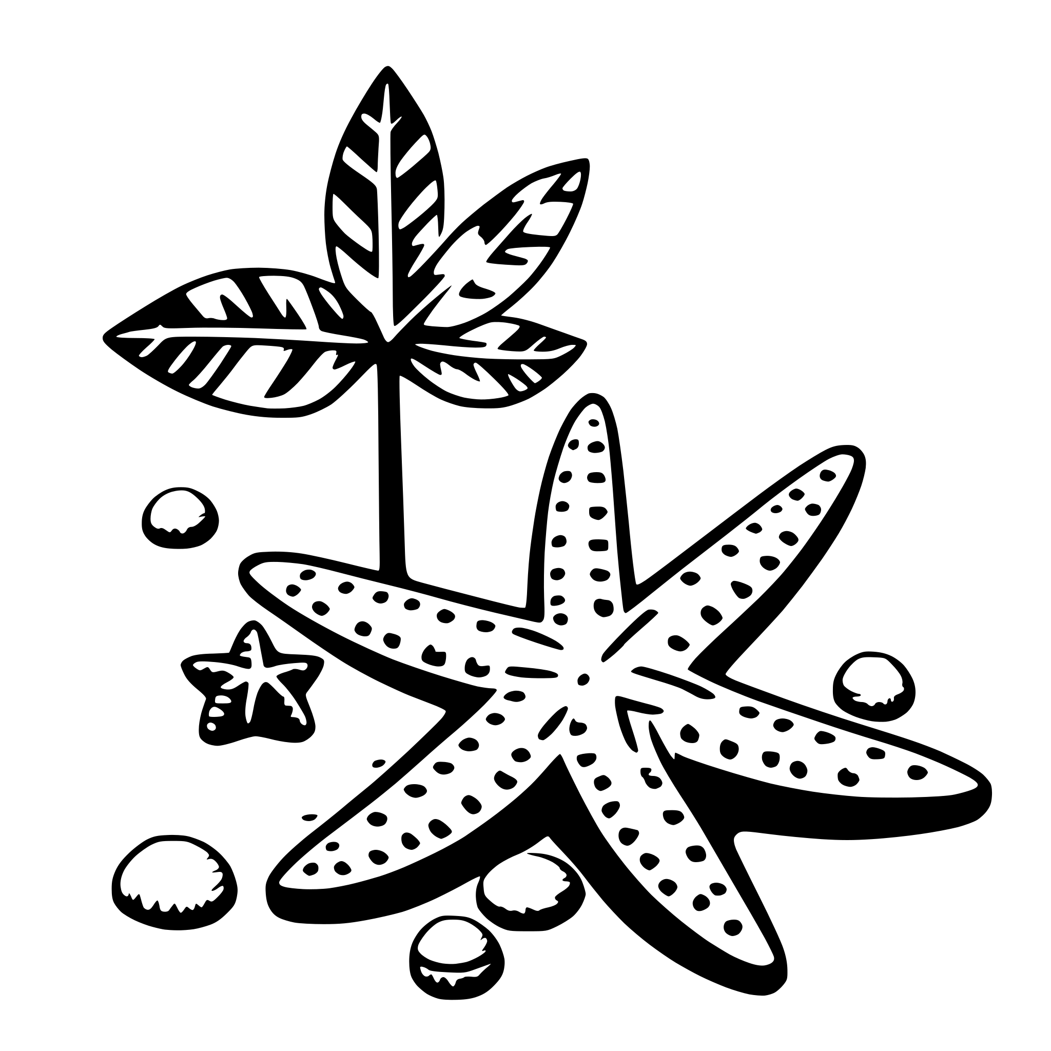 The SVG features a stylized starfish with a patterned body, surrounded by smaller starfish and sea urchins. The starfish is the central figure, with the smaller starfish and urchins scattered around it, creating a sense of depth and abundance. The sea urchins are depicted with a simple, rounded shape, and the starfish has a more detailed, textured appearance. The overall impression is of a marine underwater scene, with the starfish as the focal point. 