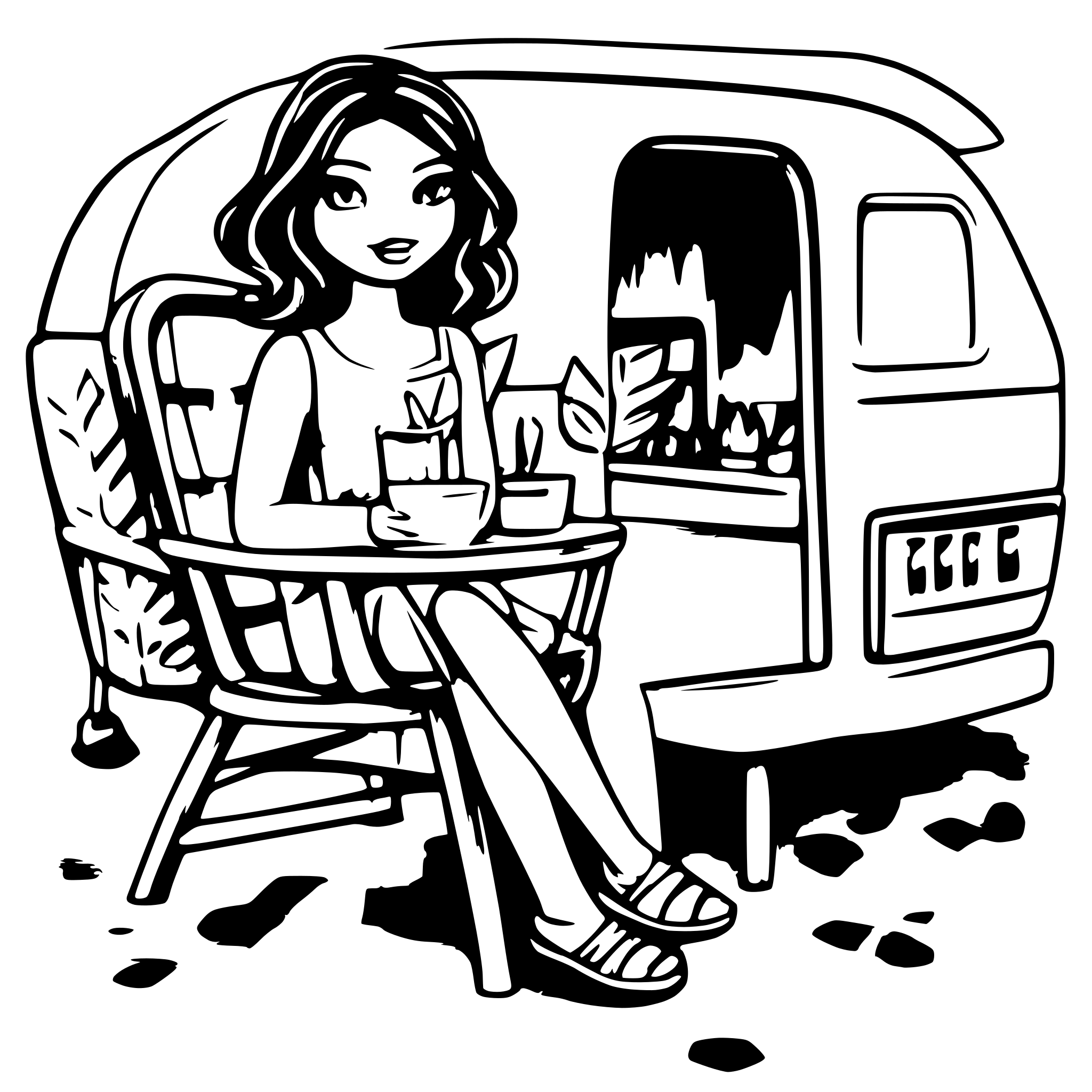 AI-generated SVG of a chubby lady with short brown hair in a camping chair add fifth wheel camper  swing a margarita