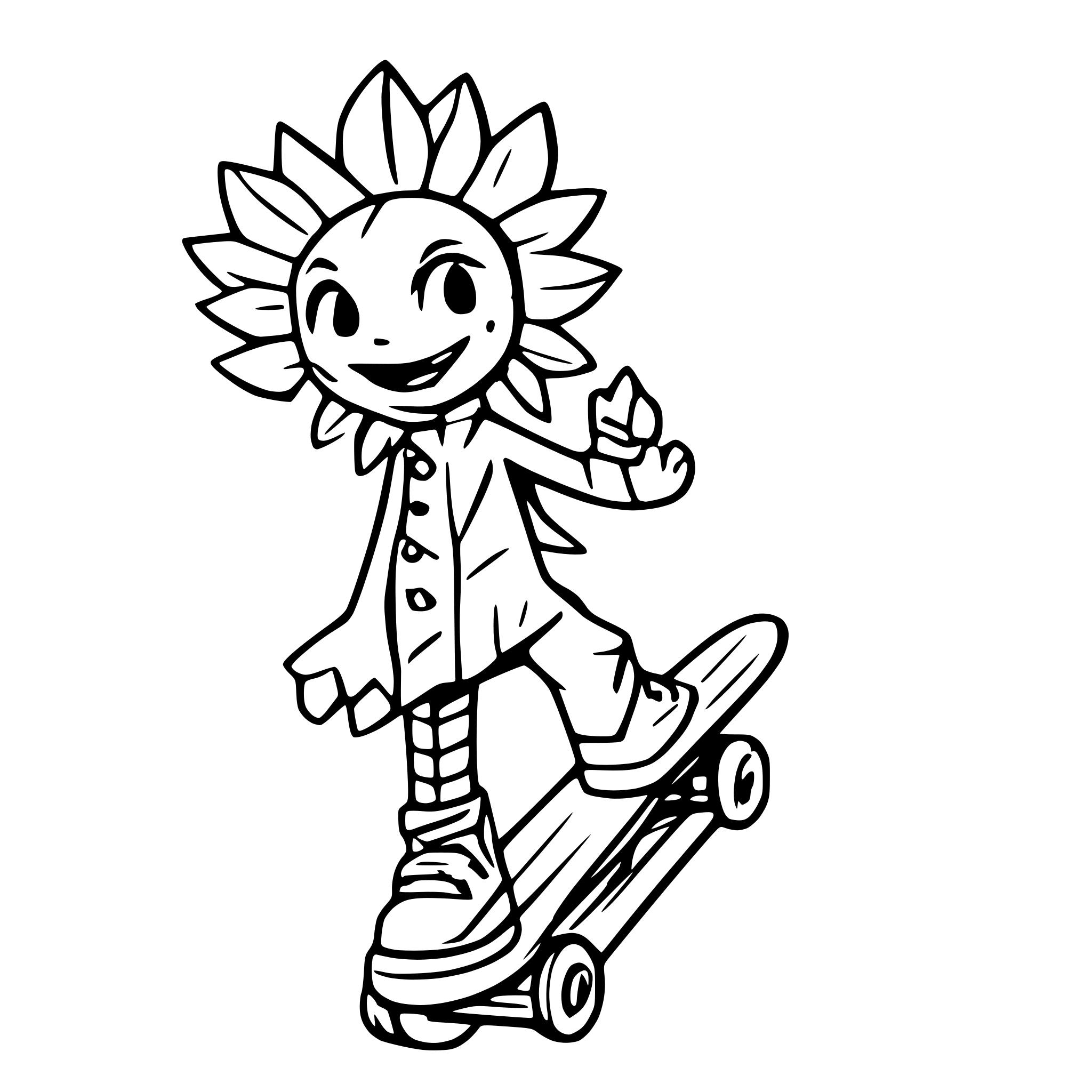 AI-generated SVG of a a tall sunflower character with his converse sneakers riding a skate board