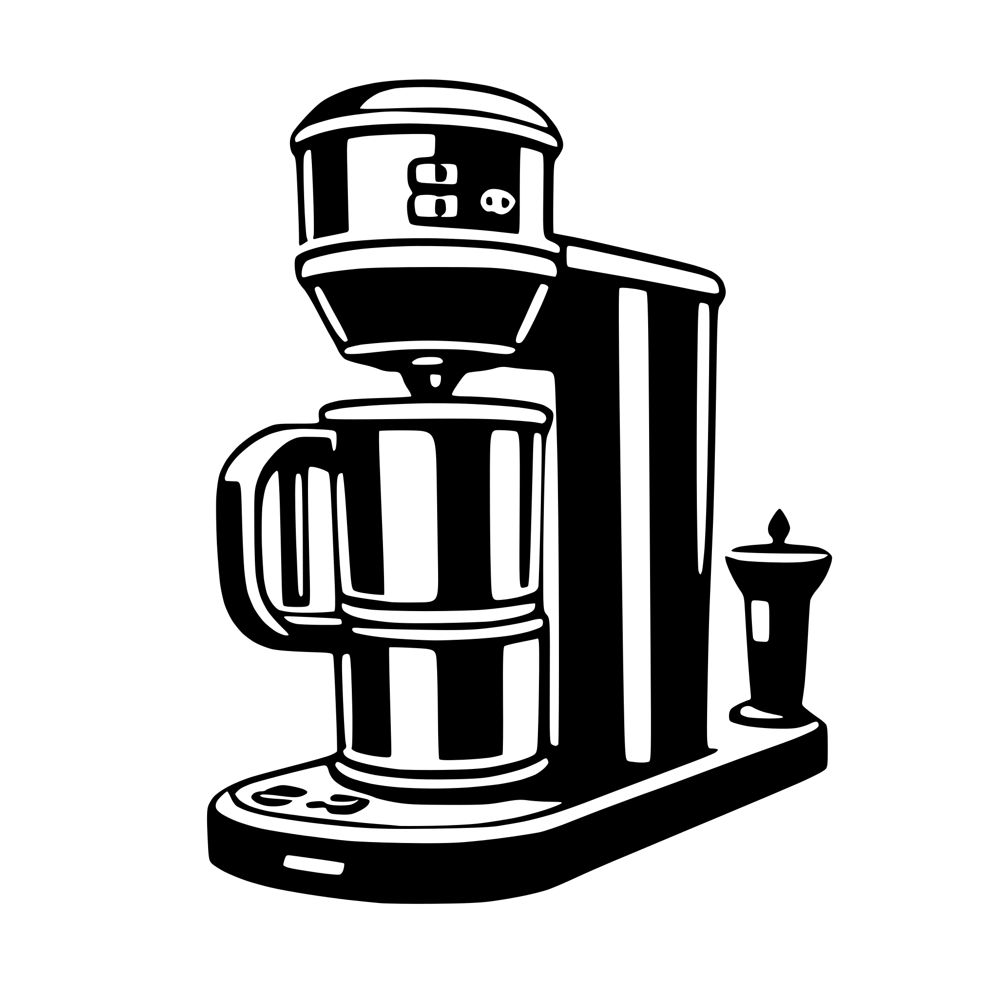 The SVG depicts a simple, stylized coffee maker with a carafe and a cup. The coffee maker has a cylindrical body with a handle on the side, and there are two buttons on the top. The carafe is attached to the coffee maker and has a spout at the bottom. To the right of the coffee maker, there is a small cup with a handle. The coffee maker and the cup are placed on a flat surface, which is not detailed in the SVG. The style of the SVG is minimalistic and uses solid colors and simple shapes to represent the objects. 